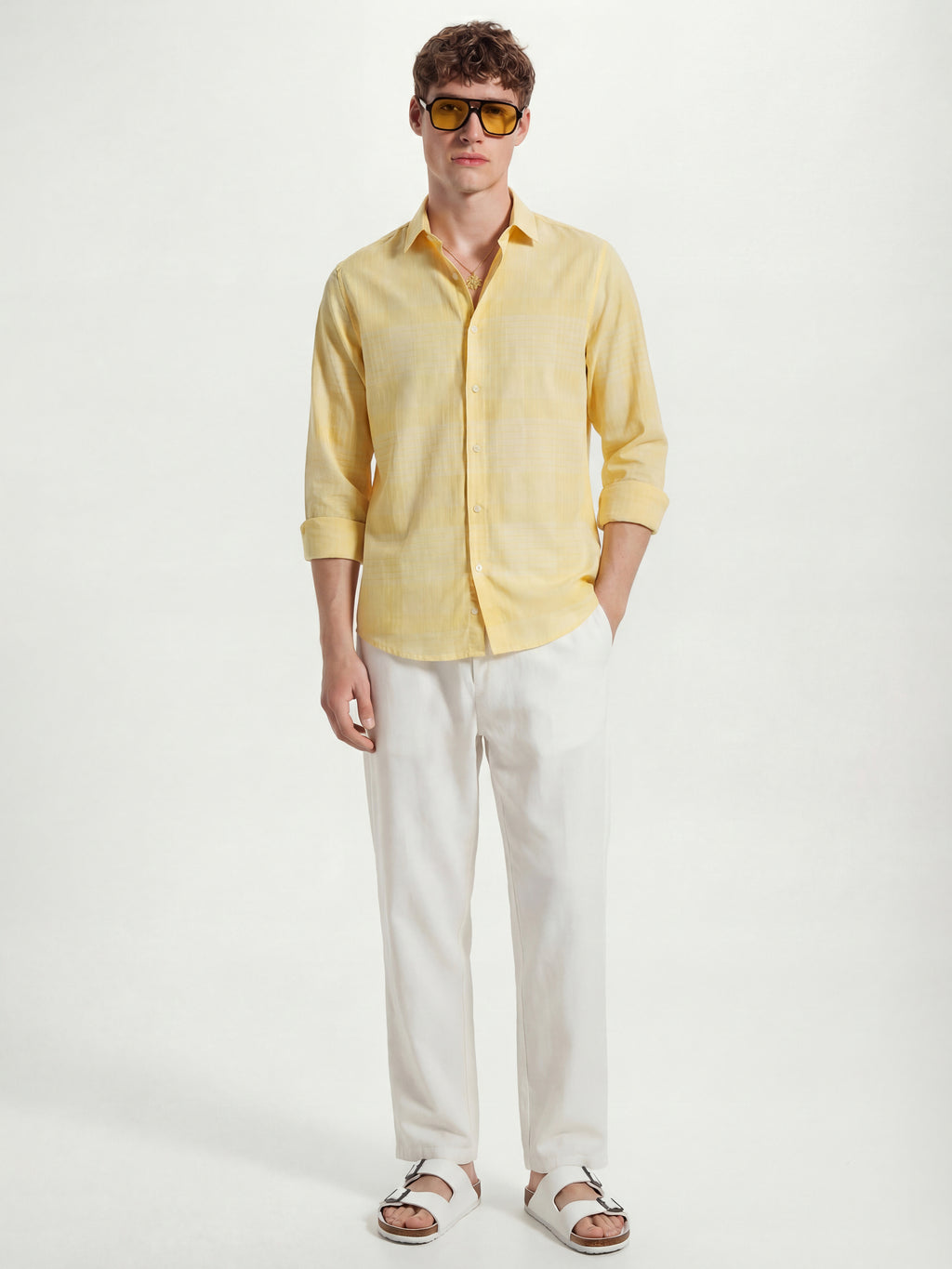 Highlander Men Yellow Checked Slim Fit Casual Shirt - Yellow - Image 2