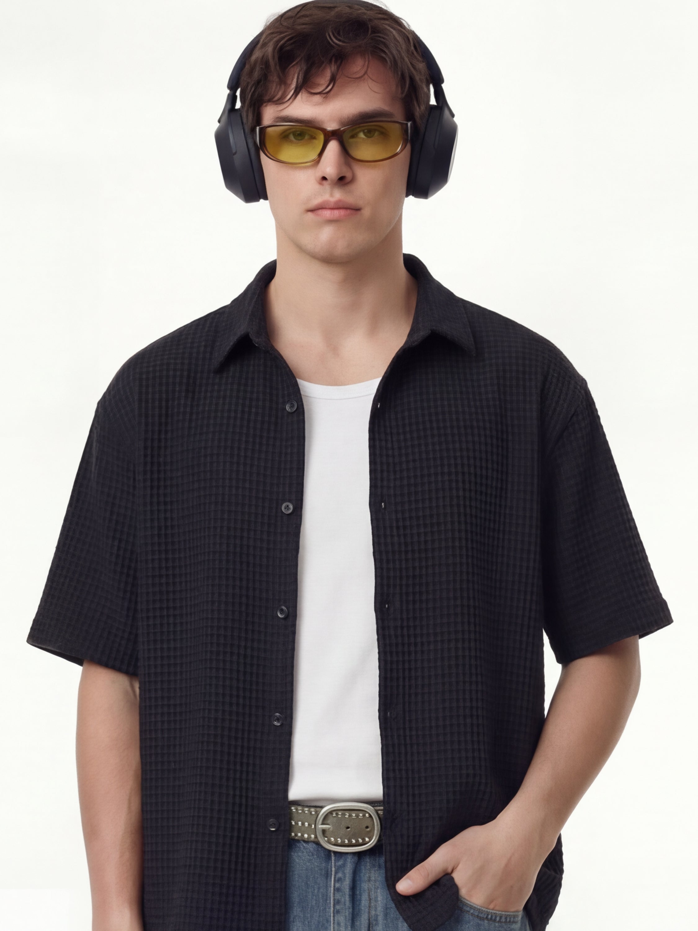 Highlander Men Black Self Design Boxy Fit Casual Shirt - Black - Image 1