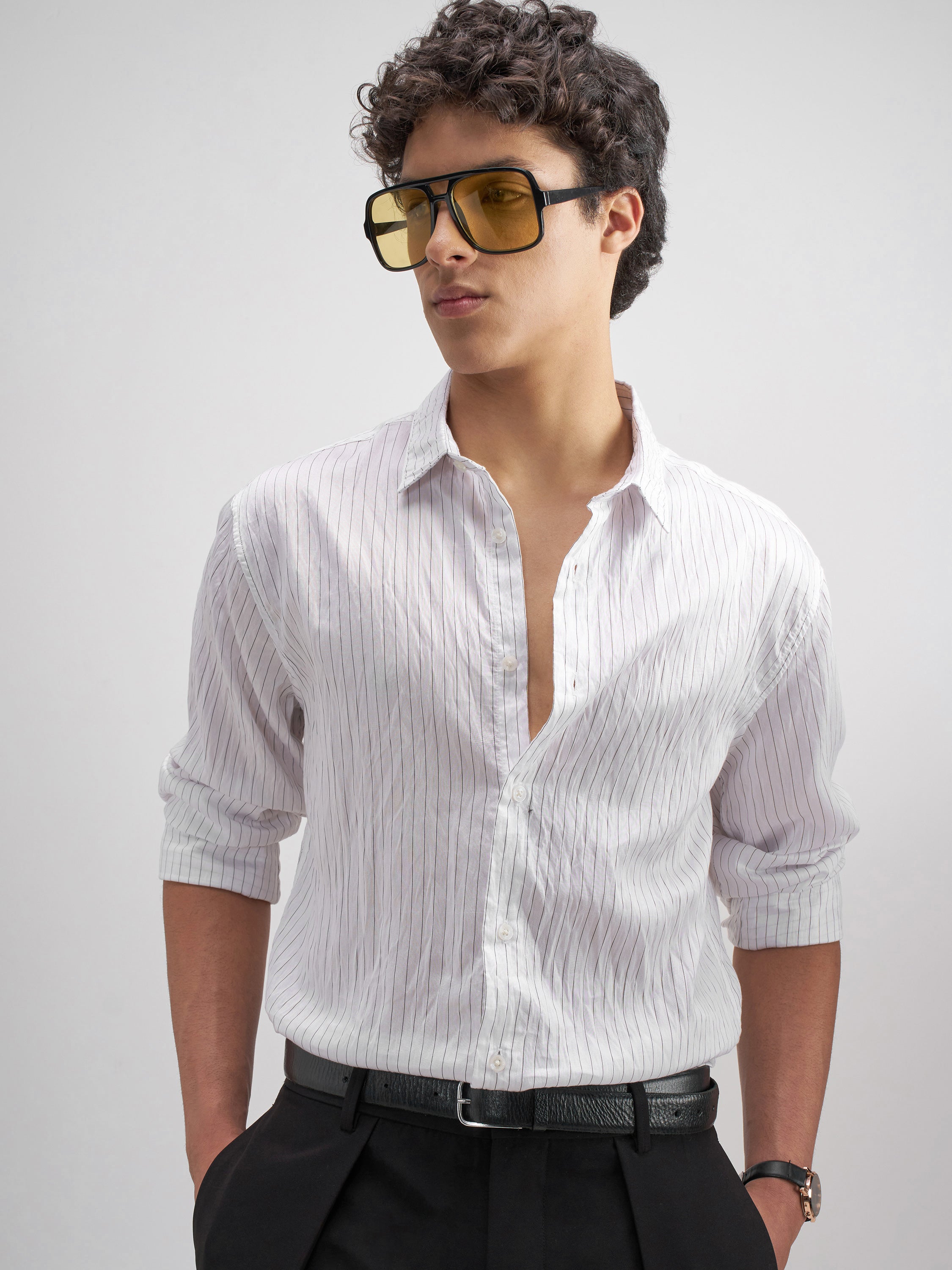 Highlander Men White Crushed Slim Fit Casual Shirt - White - Image 1