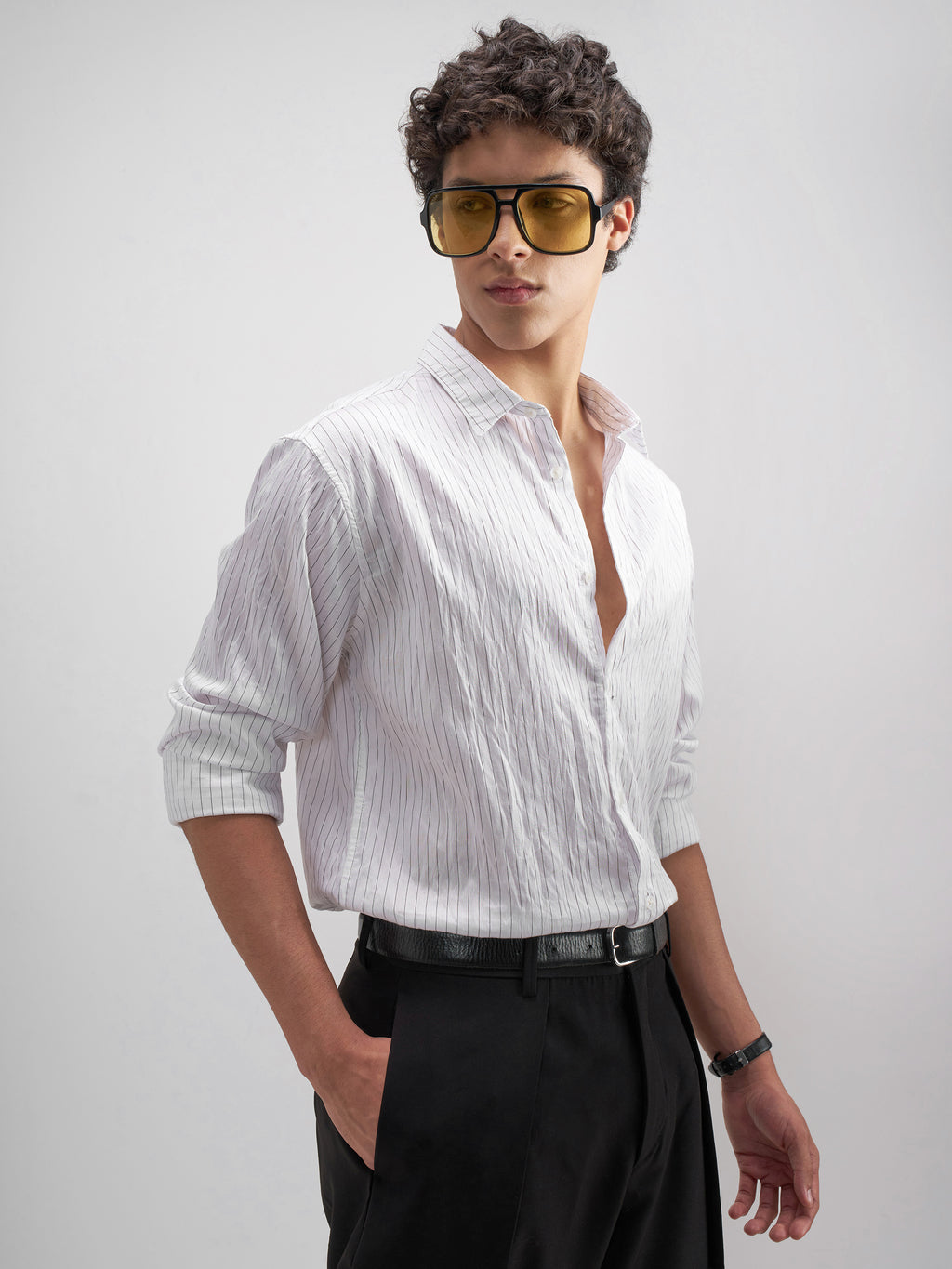 Highlander Men White Crushed Slim Fit Casual Shirt - White - Image 6