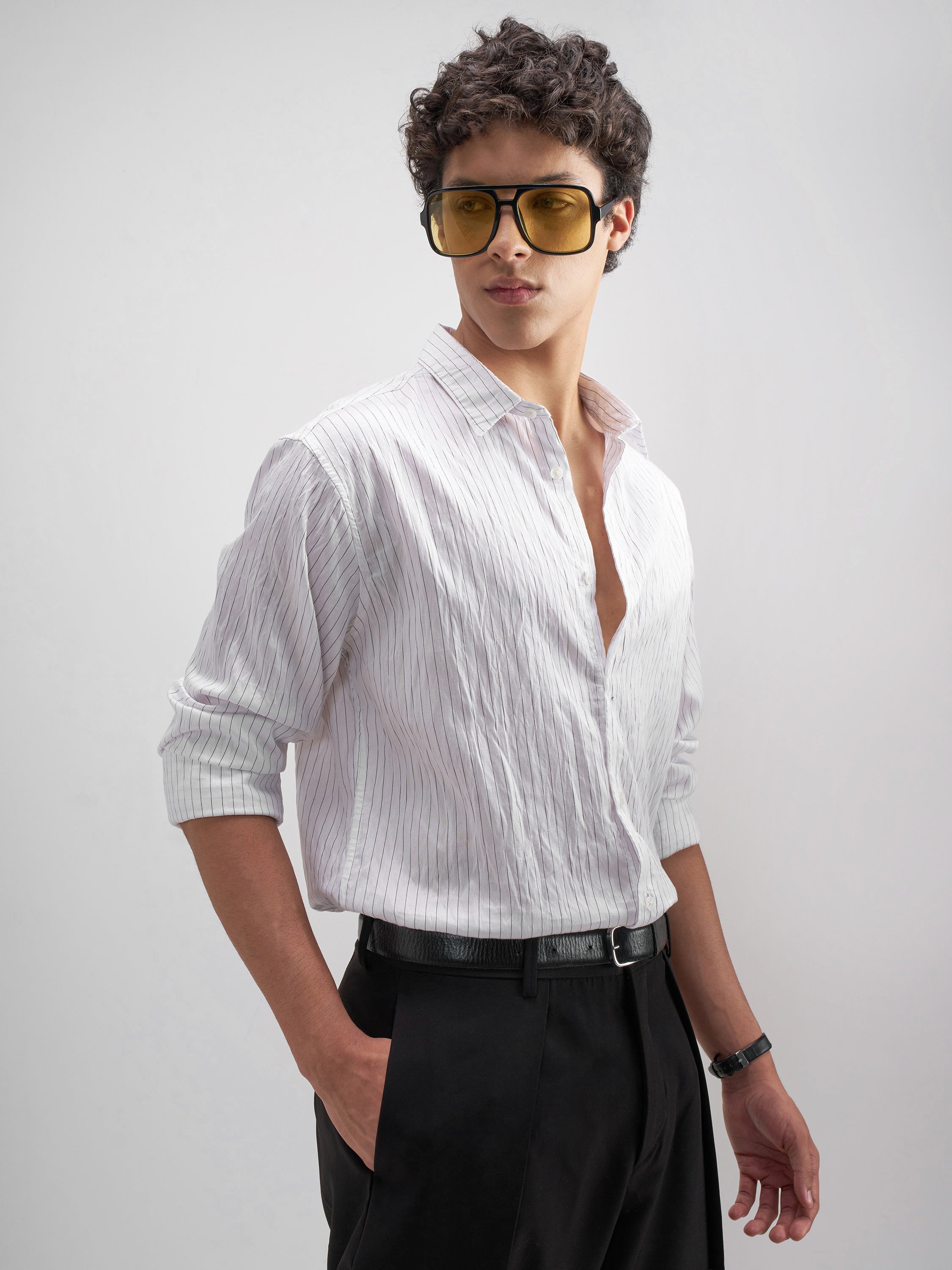Highlander Men White Crushed Slim Fit Casual Shirt - White - Image 6