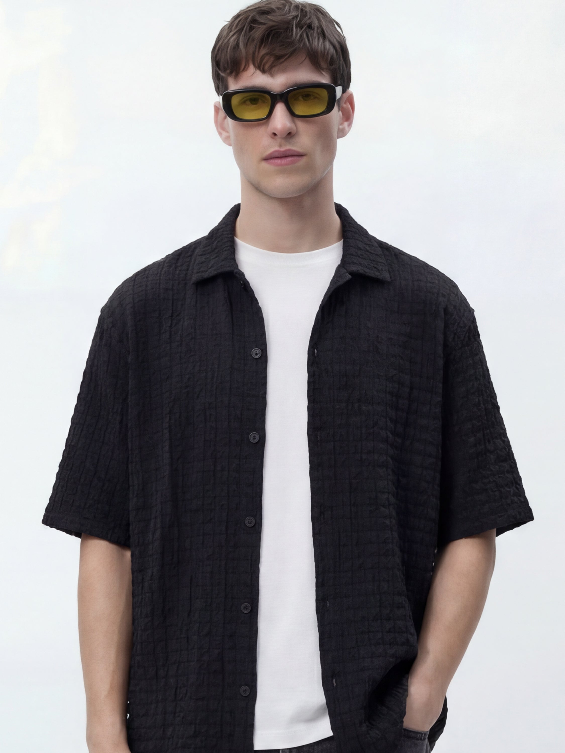 Highlander Men Black Self Design Relaxed Fit Casual Shirt - Black - Image 1