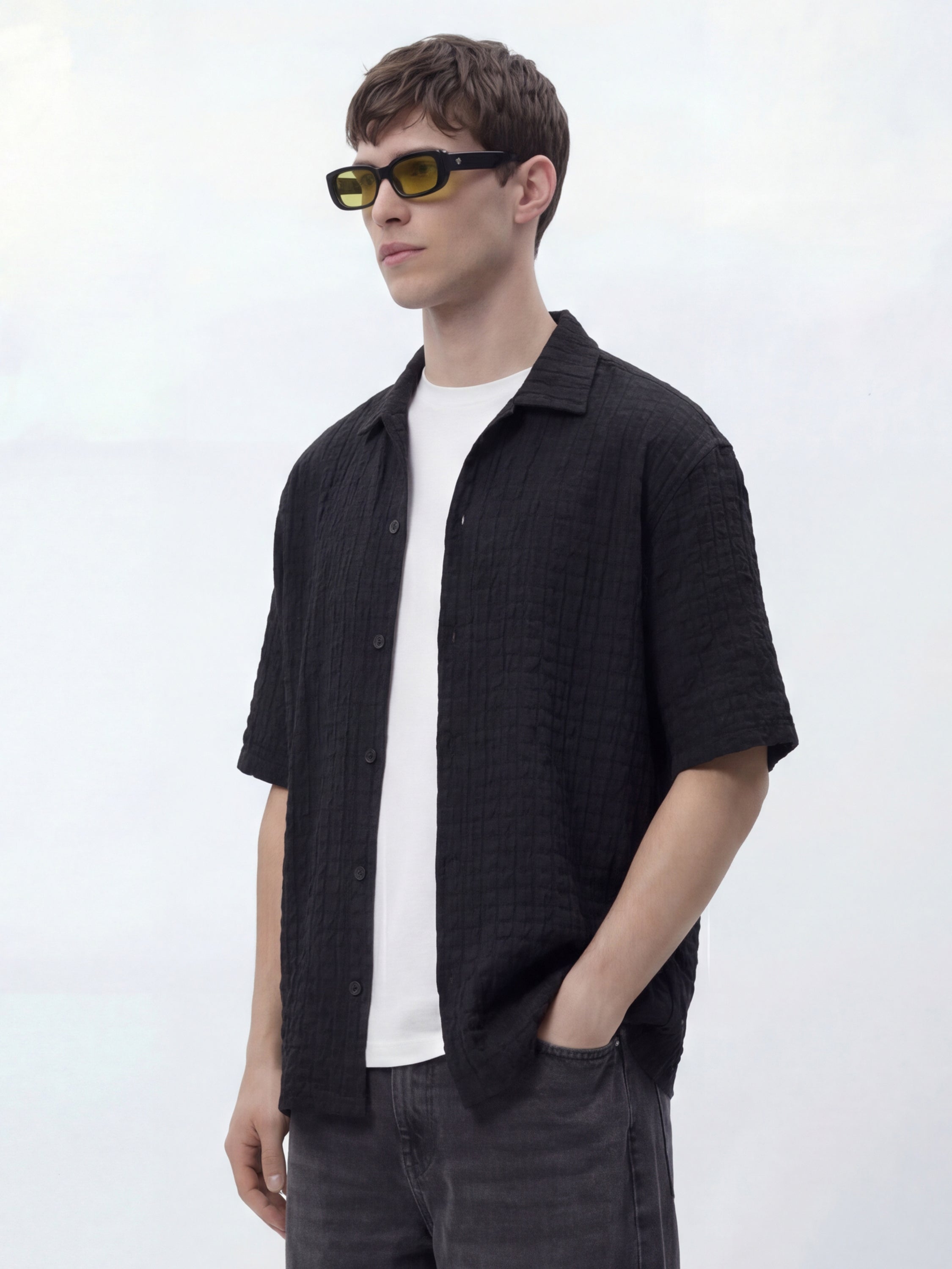 Highlander Men Black Self Design Relaxed Fit Casual Shirt - Black - Image 4
