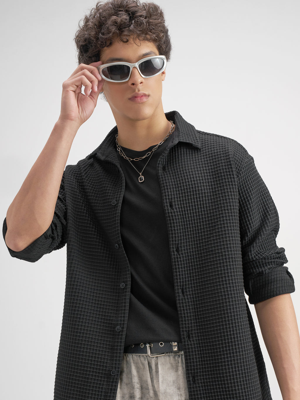 Highlander Men Black Self Design Relaxed Fit Casual Shirt - Black - Image 1