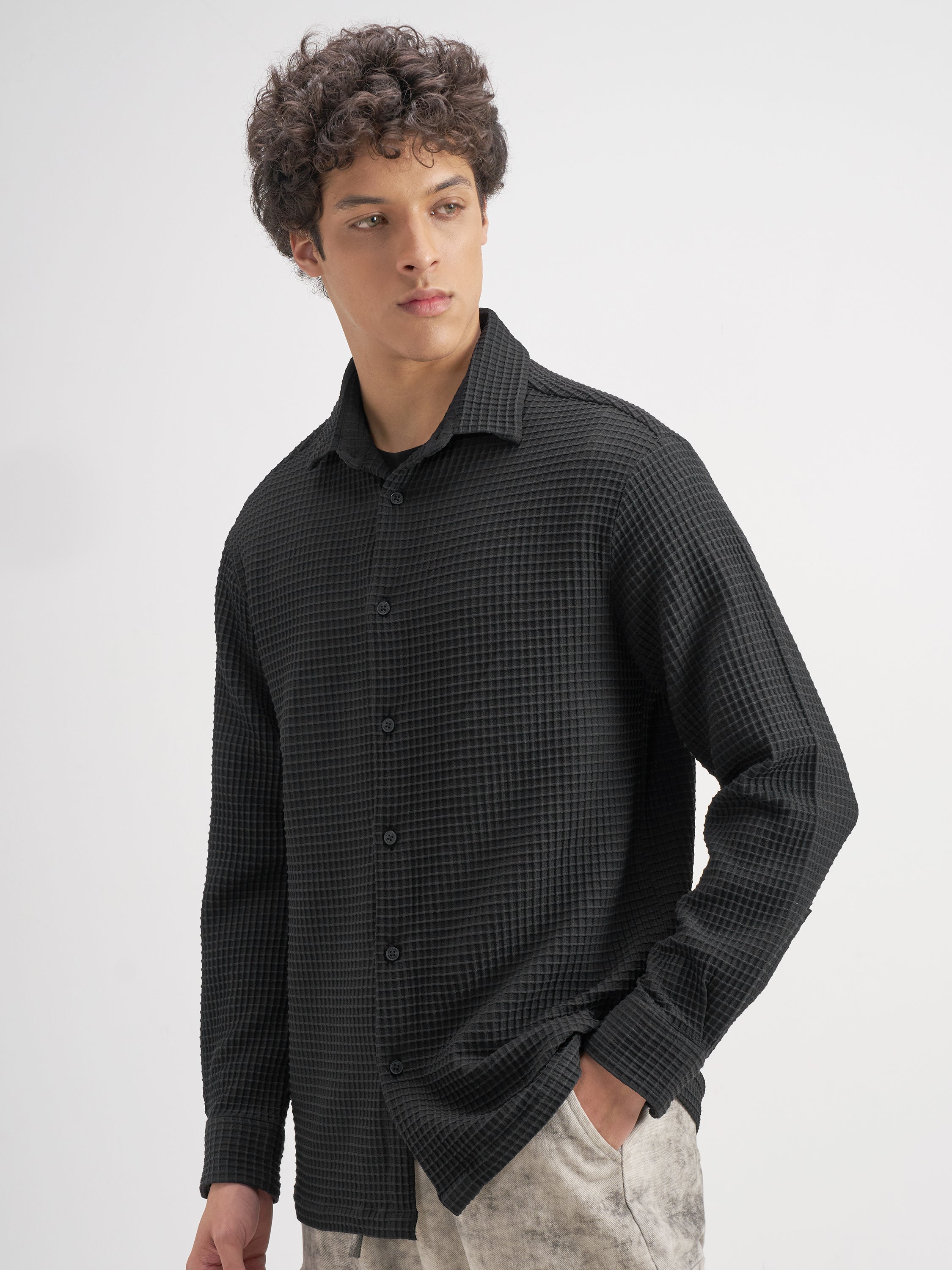 Highlander Men Black Self Design Relaxed Fit Casual Shirt - Black - Image 4