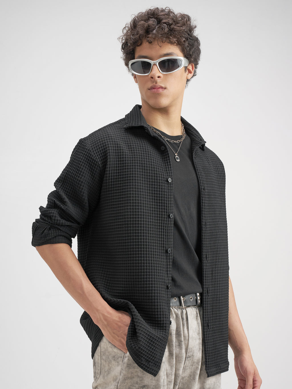 Highlander Men Black Self Design Relaxed Fit Casual Shirt - Black - Image 6