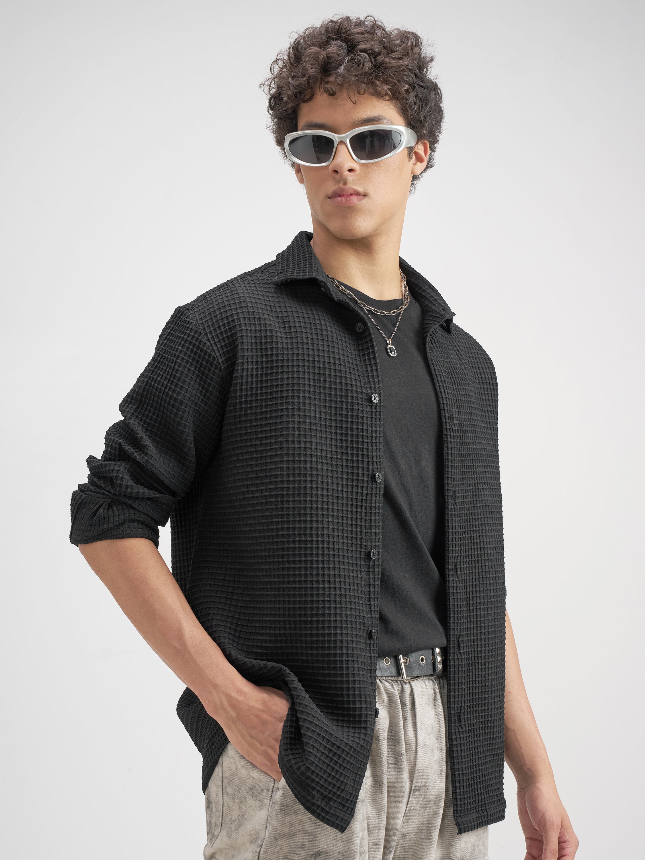 Highlander Men Black Self Design Relaxed Fit Casual Shirt - Black - Image 6