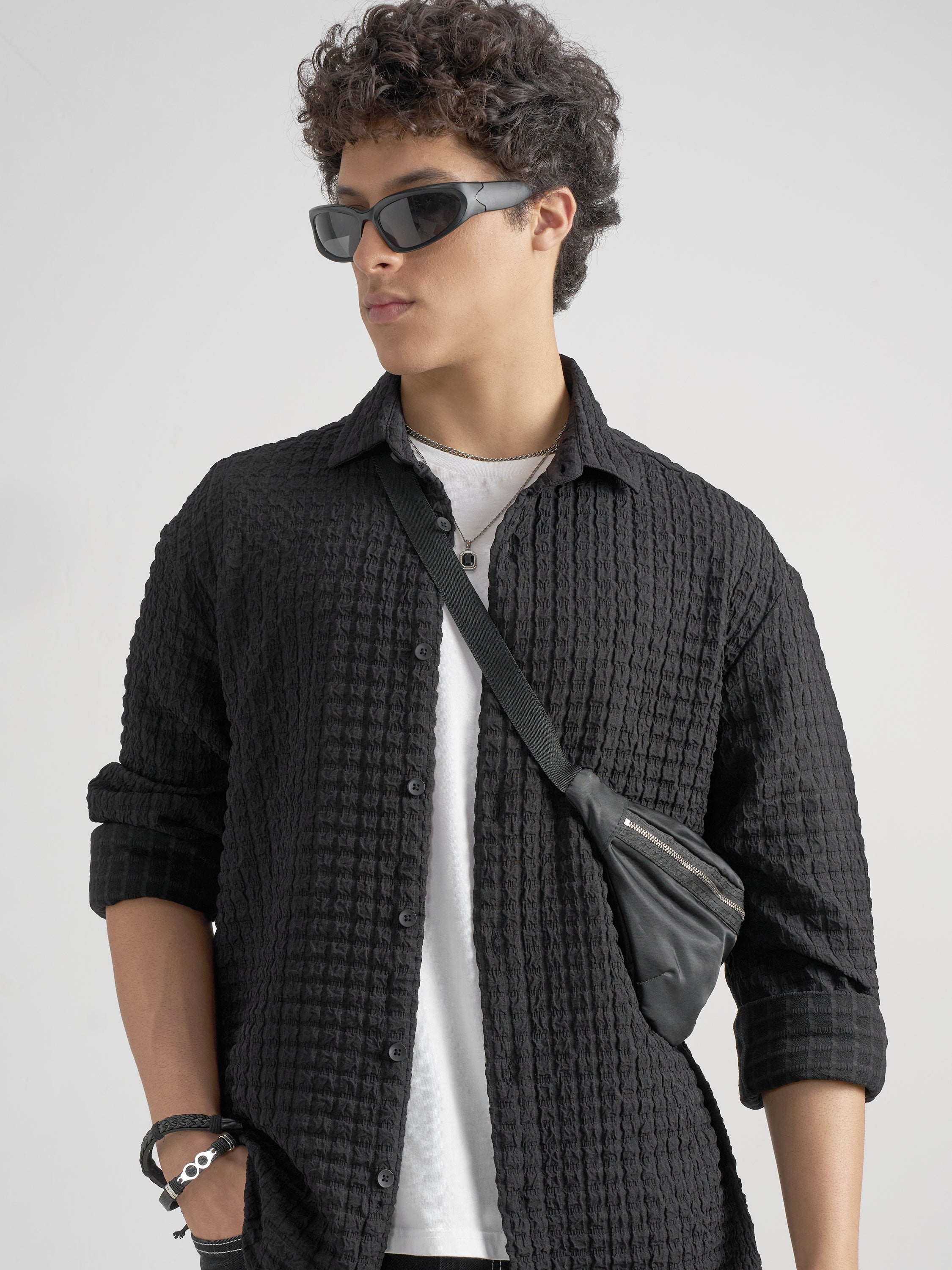 Highlander Men Black Self Design Relaxed Fit Casual Shirt - Black - Image 1