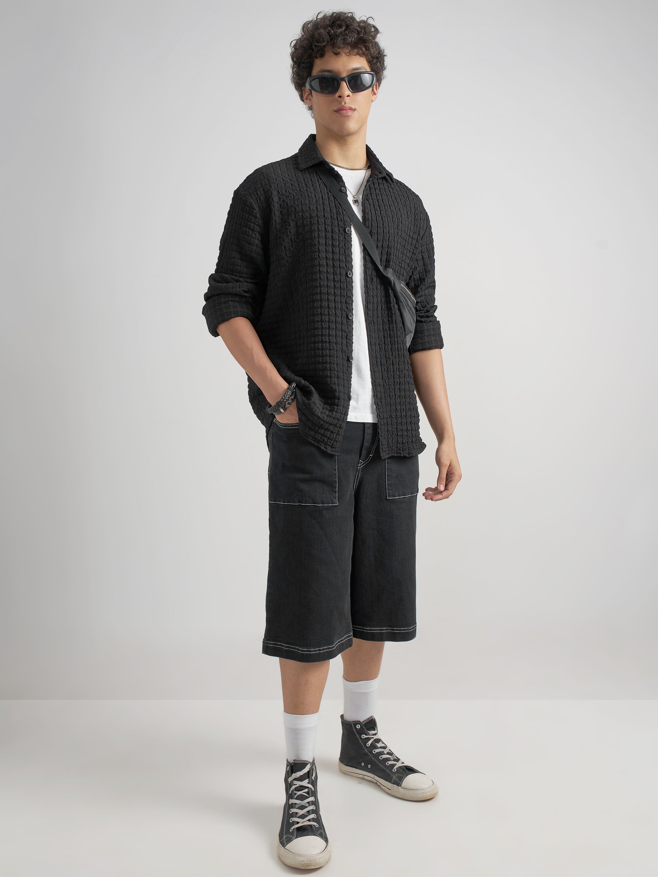 Highlander Men Black Self Design Relaxed Fit Casual Shirt - Black - Image 2
