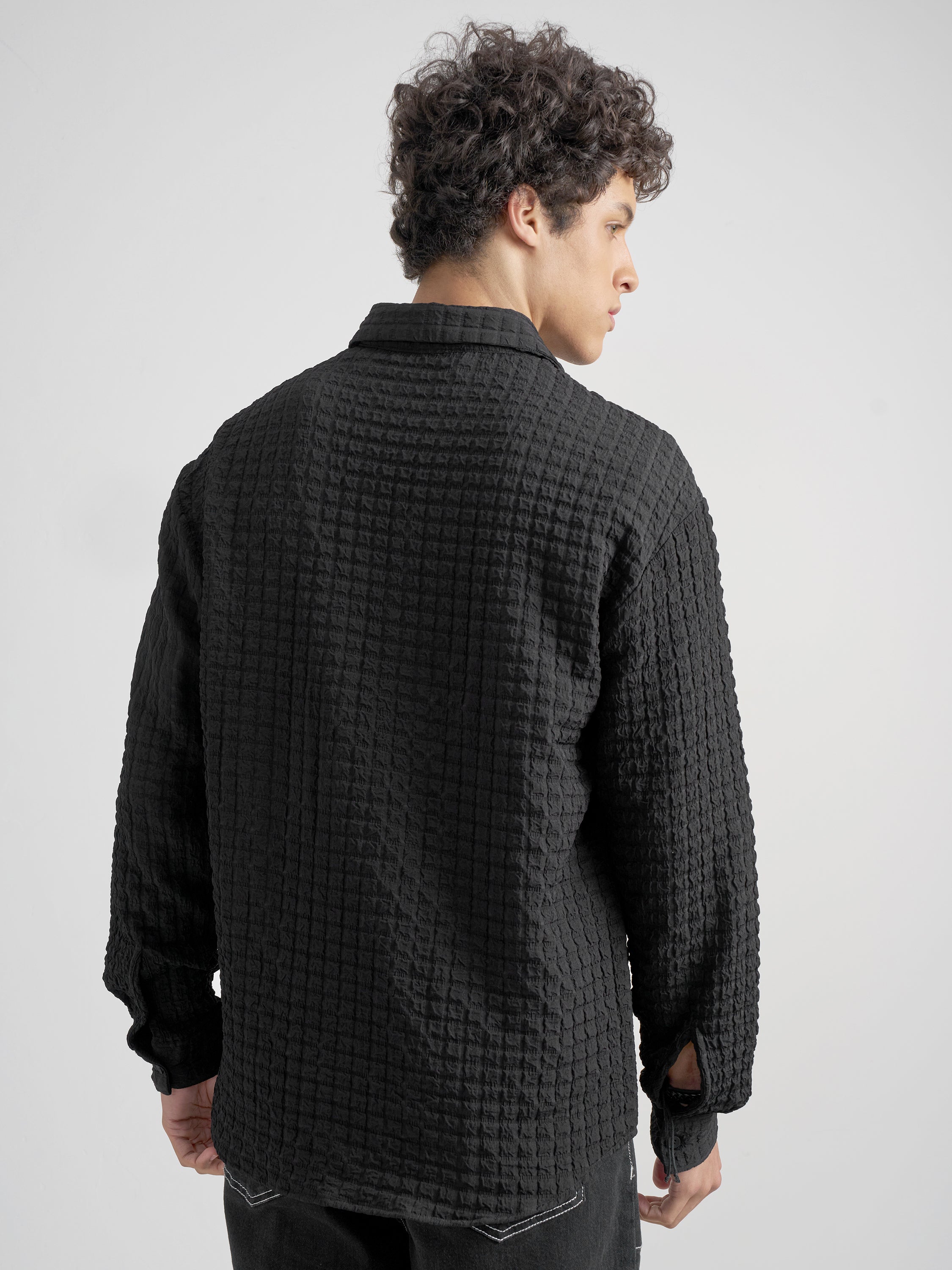 Highlander Men Black Self Design Relaxed Fit Casual Shirt - Black - Image 3
