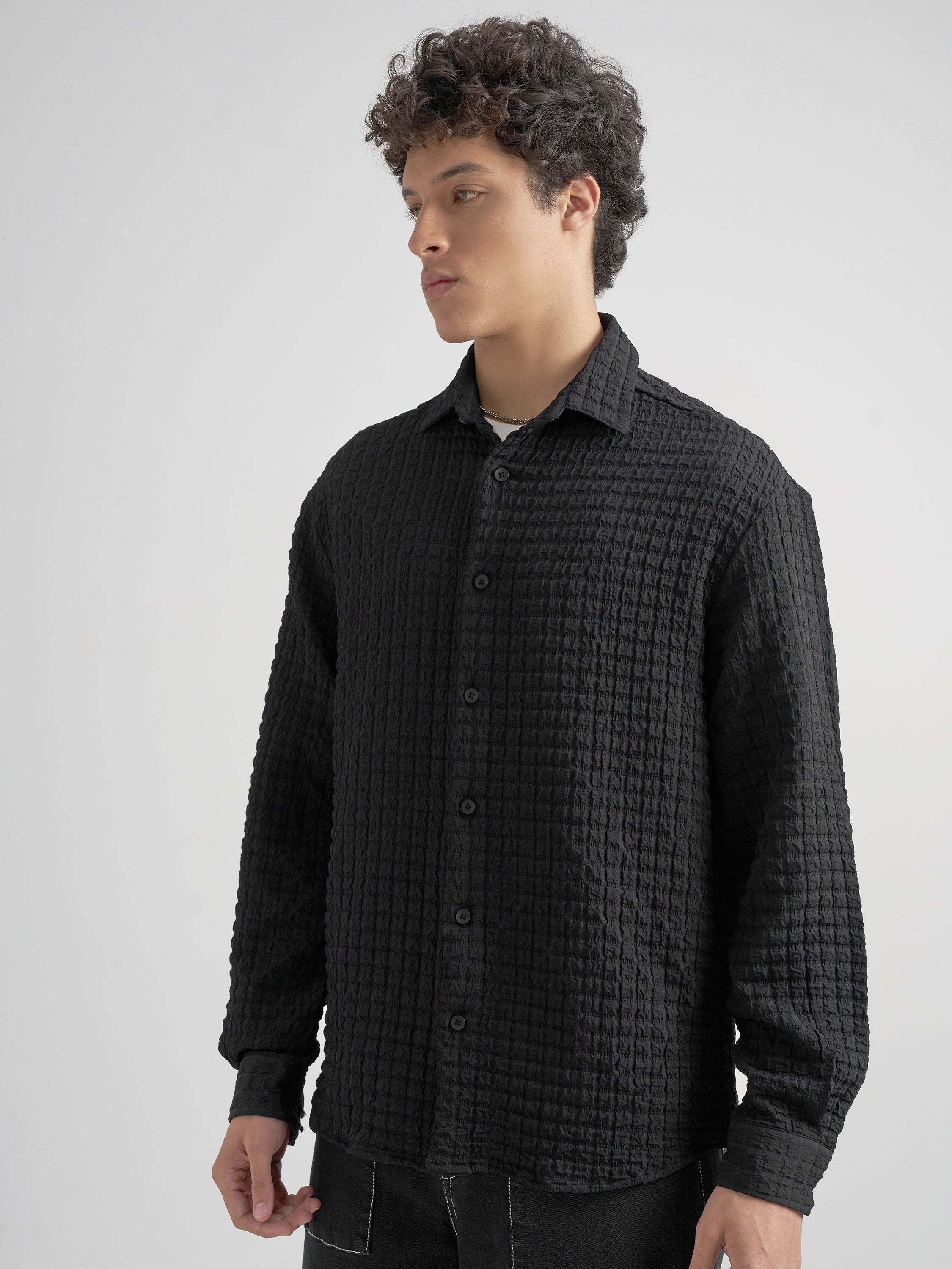 Highlander Men Black Self Design Relaxed Fit Casual Shirt - Black - Image 4