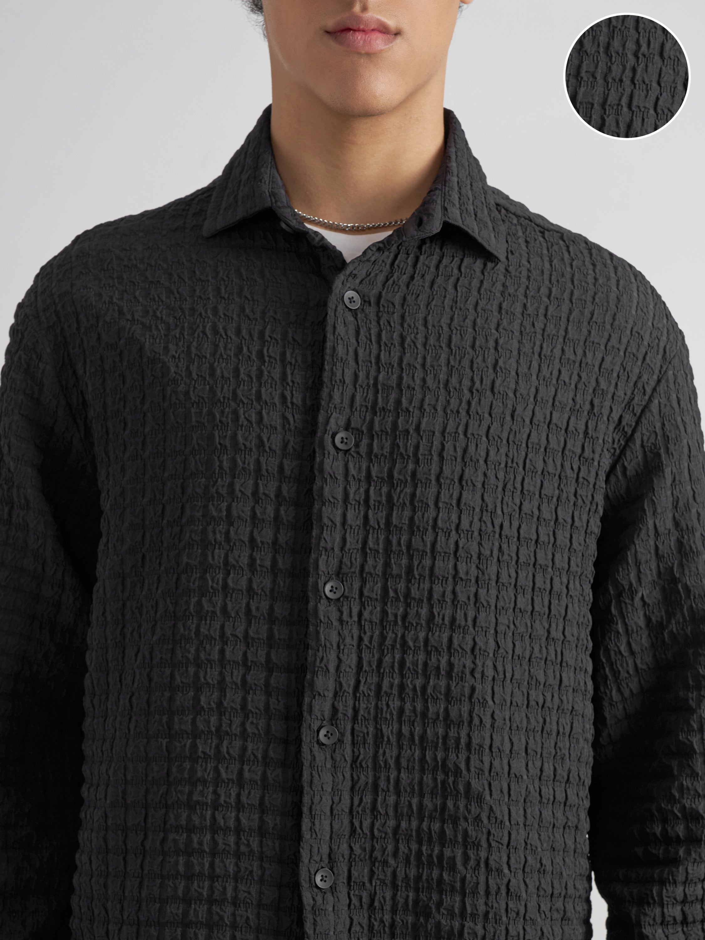 Highlander Men Black Self Design Relaxed Fit Casual Shirt - Black - Image 5