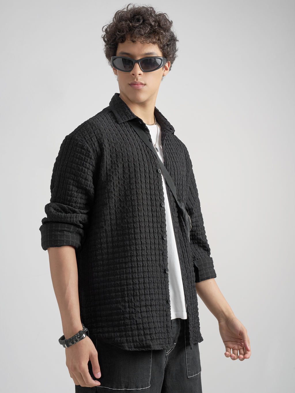 Highlander Men Black Self Design Relaxed Fit Casual Shirt - Black - Image 6