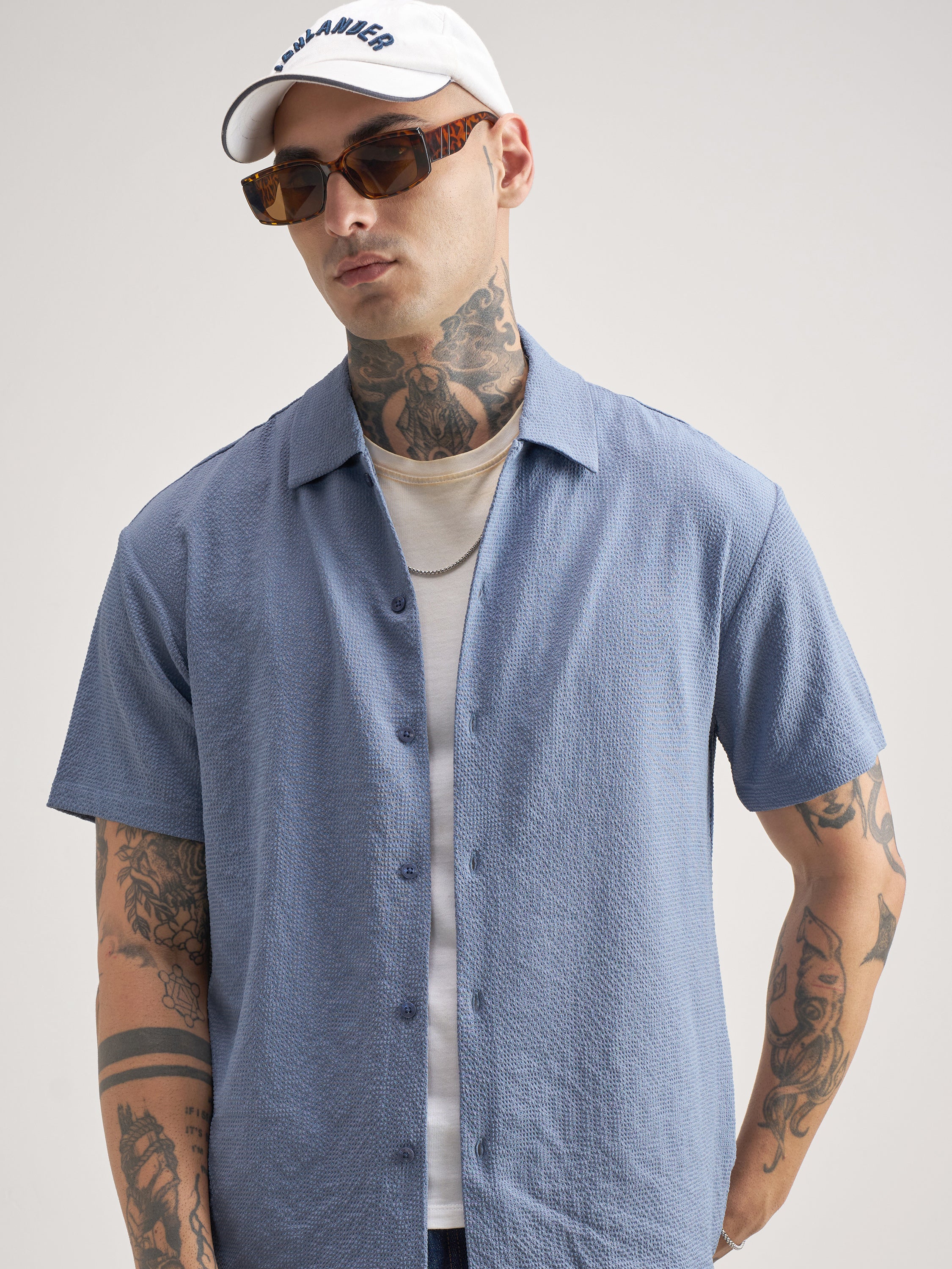 Highlander Men Blue Self Design Regular Fit Casual Shirt - Blue - Image 1
