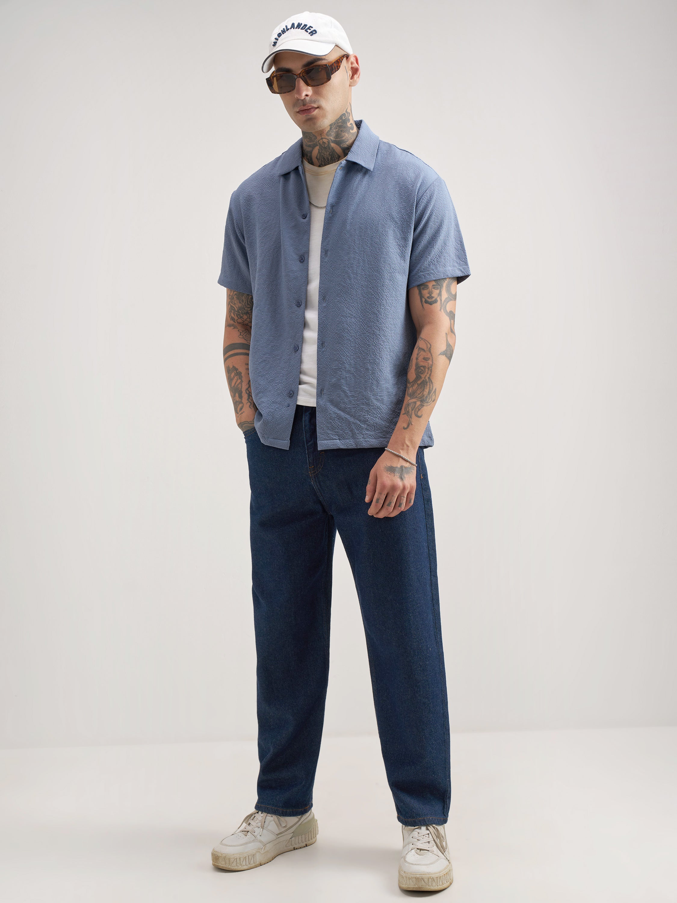 Highlander Men Blue Self Design Regular Fit Casual Shirt - Blue - Image 2