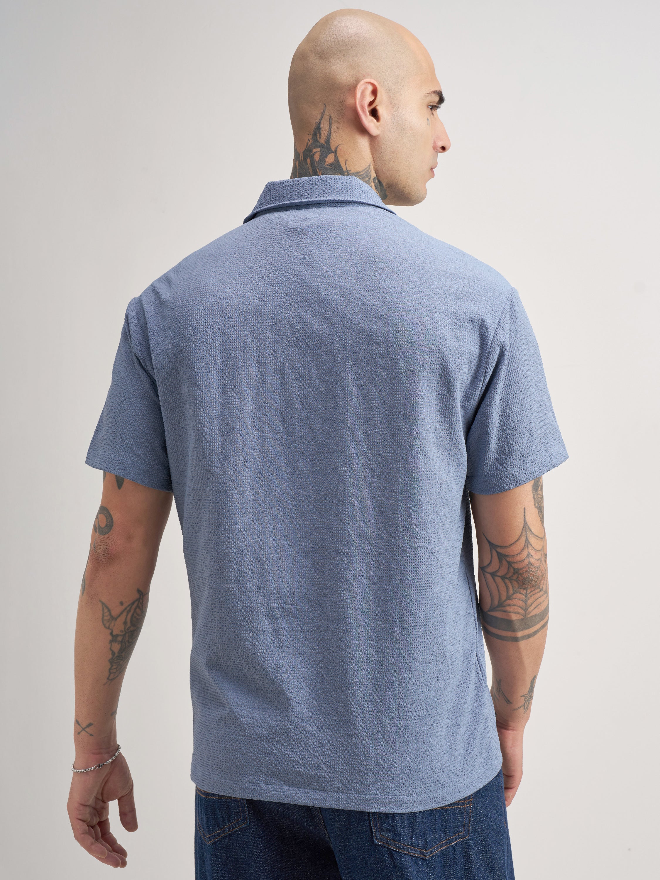 Highlander Men Blue Self Design Regular Fit Casual Shirt - Blue - Image 3