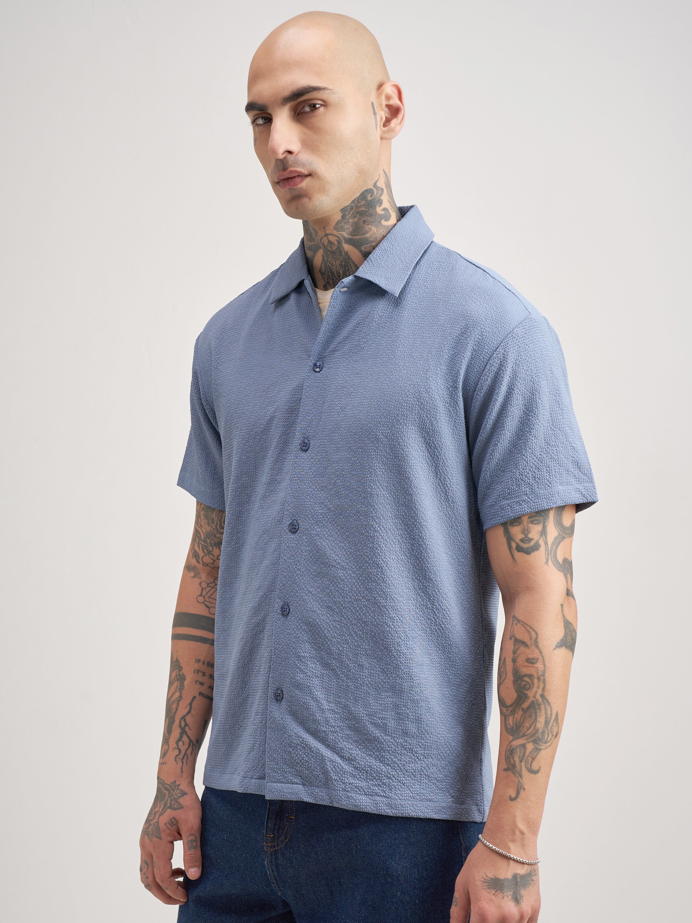 Highlander Men Blue Self Design Regular Fit Casual Shirt - Blue - Image 4