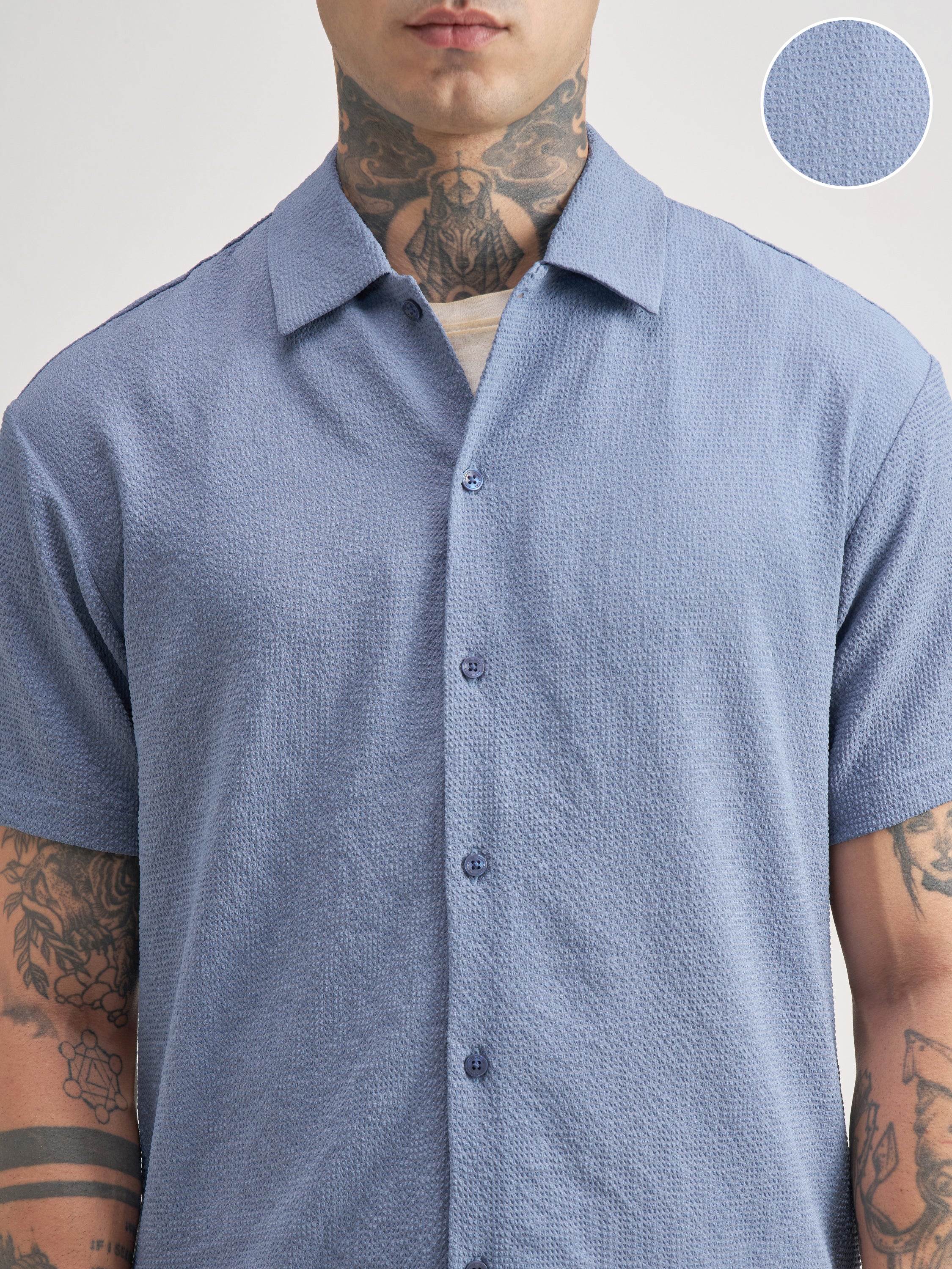 Highlander Men Blue Self Design Regular Fit Casual Shirt - Blue - Image 5
