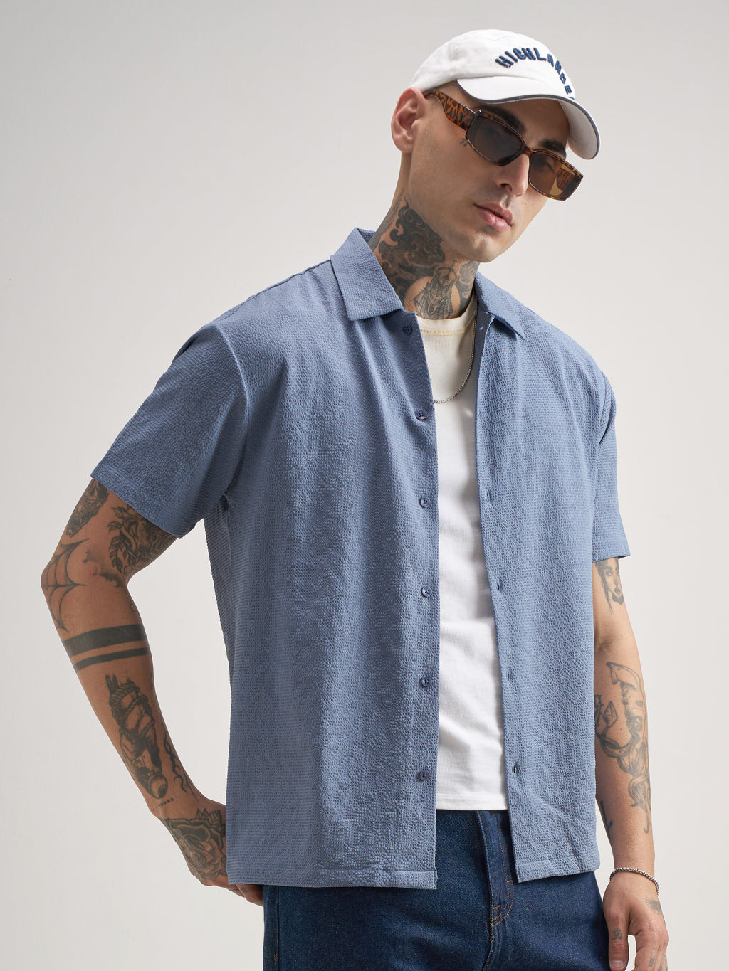 Highlander Men Blue Self Design Regular Fit Casual Shirt - Blue - Image 6
