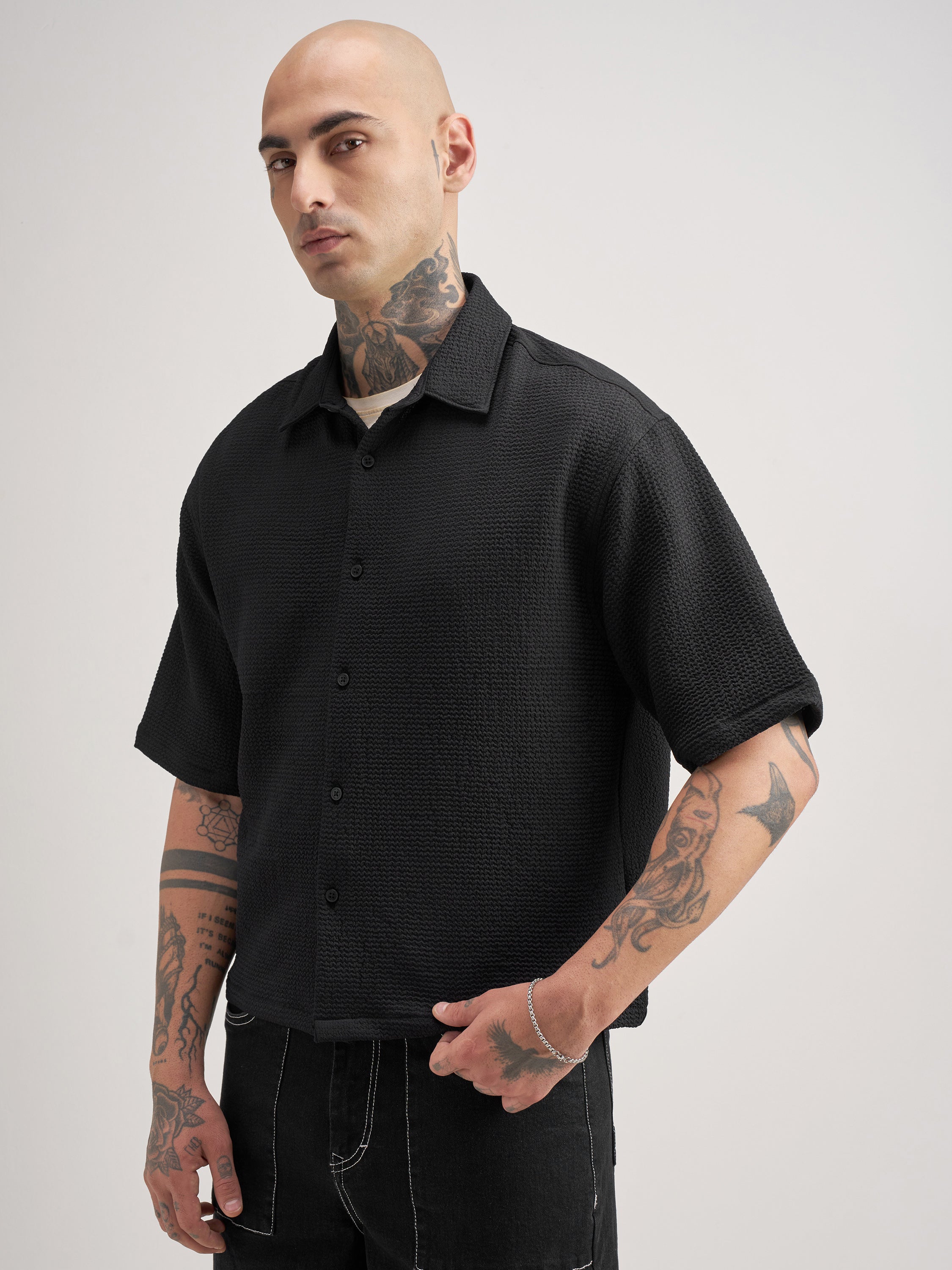 Highlander Men Black Self Design Boxy Fit Casual Shirt - Black - Image 4