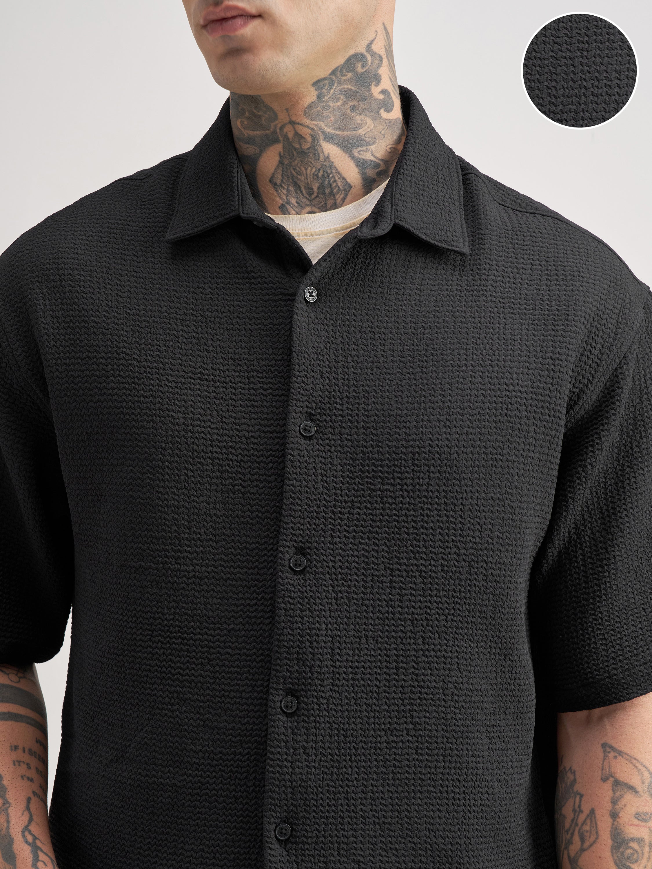 Highlander Men Black Self Design Boxy Fit Casual Shirt - Black - Image 5