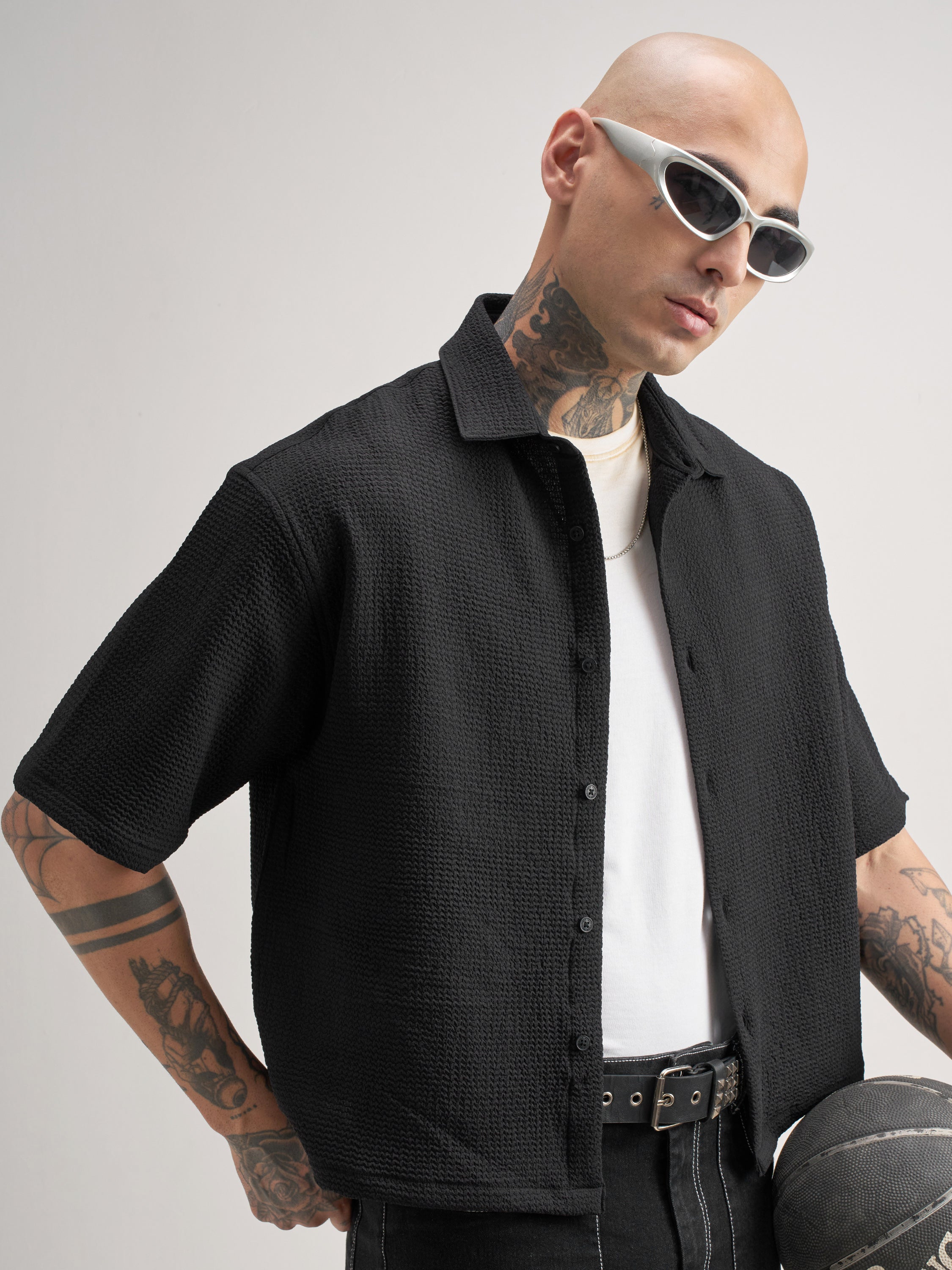 Highlander Men Black Self Design Boxy Fit Casual Shirt - Black - Image 6