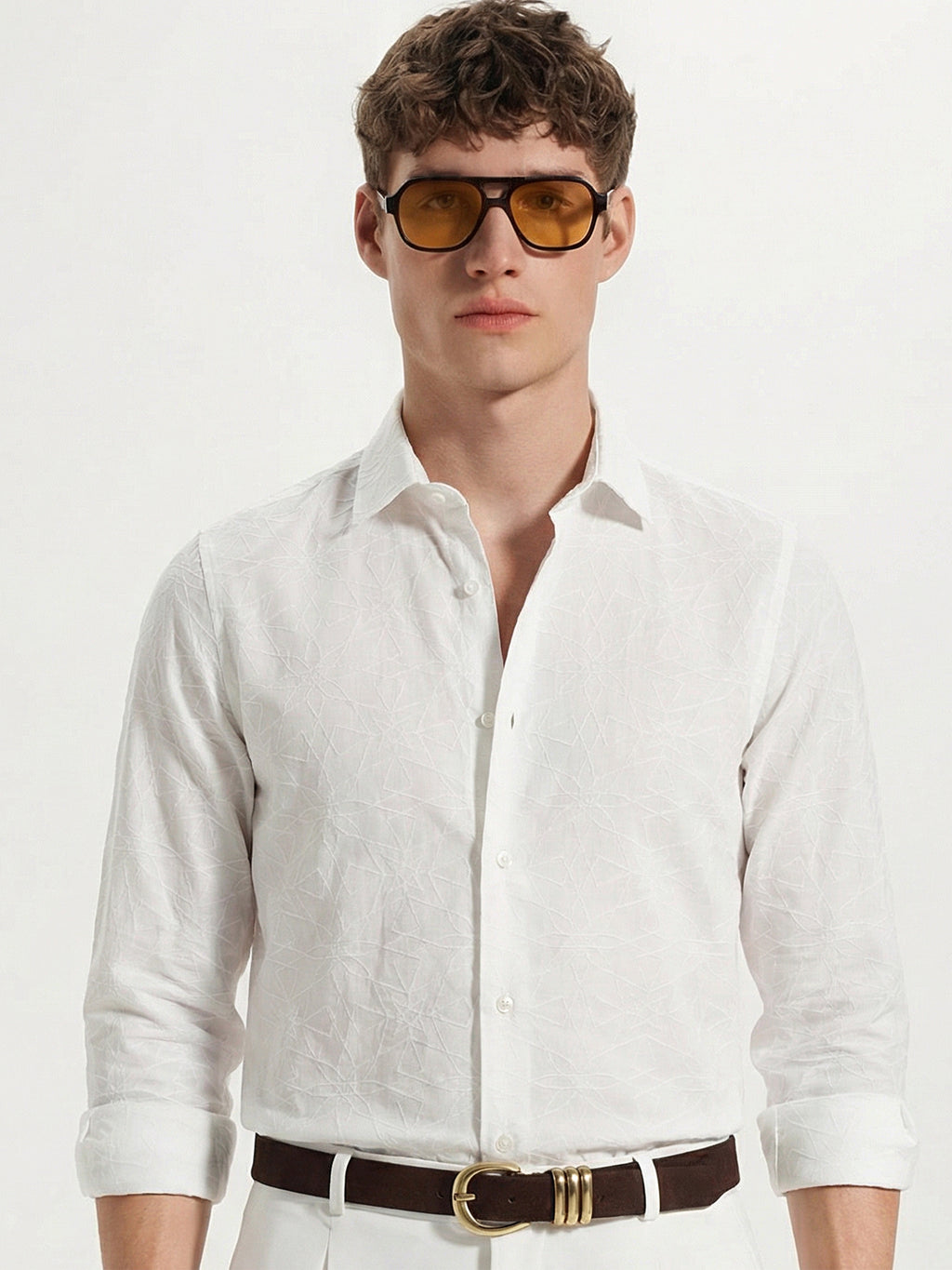 Highlander Men White Self Design Slim Fit Casual Shirt - White - Image 1
