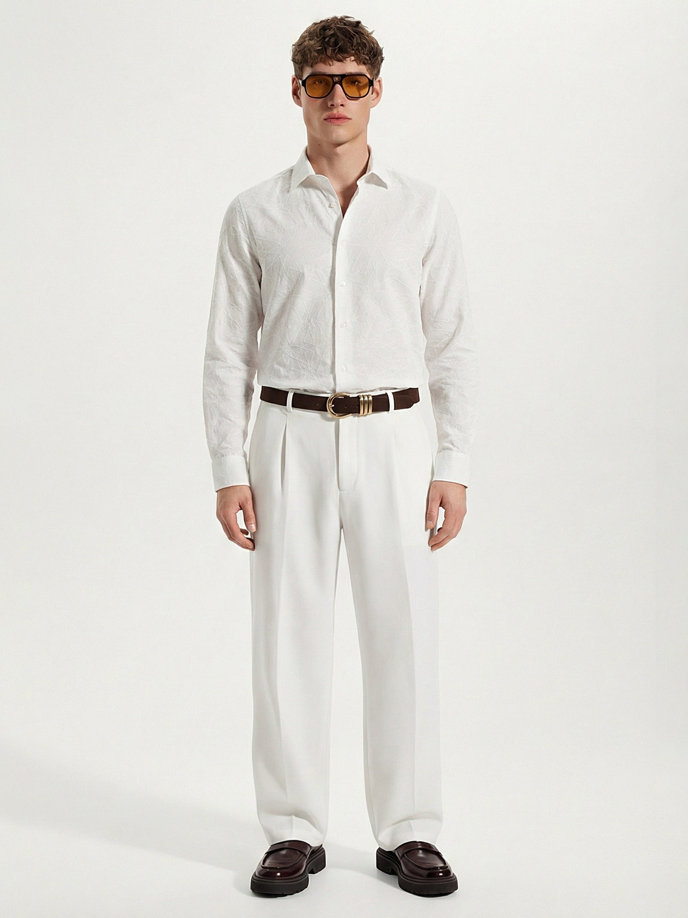 Highlander Men White Self Design Slim Fit Casual Shirt - White - Image 2
