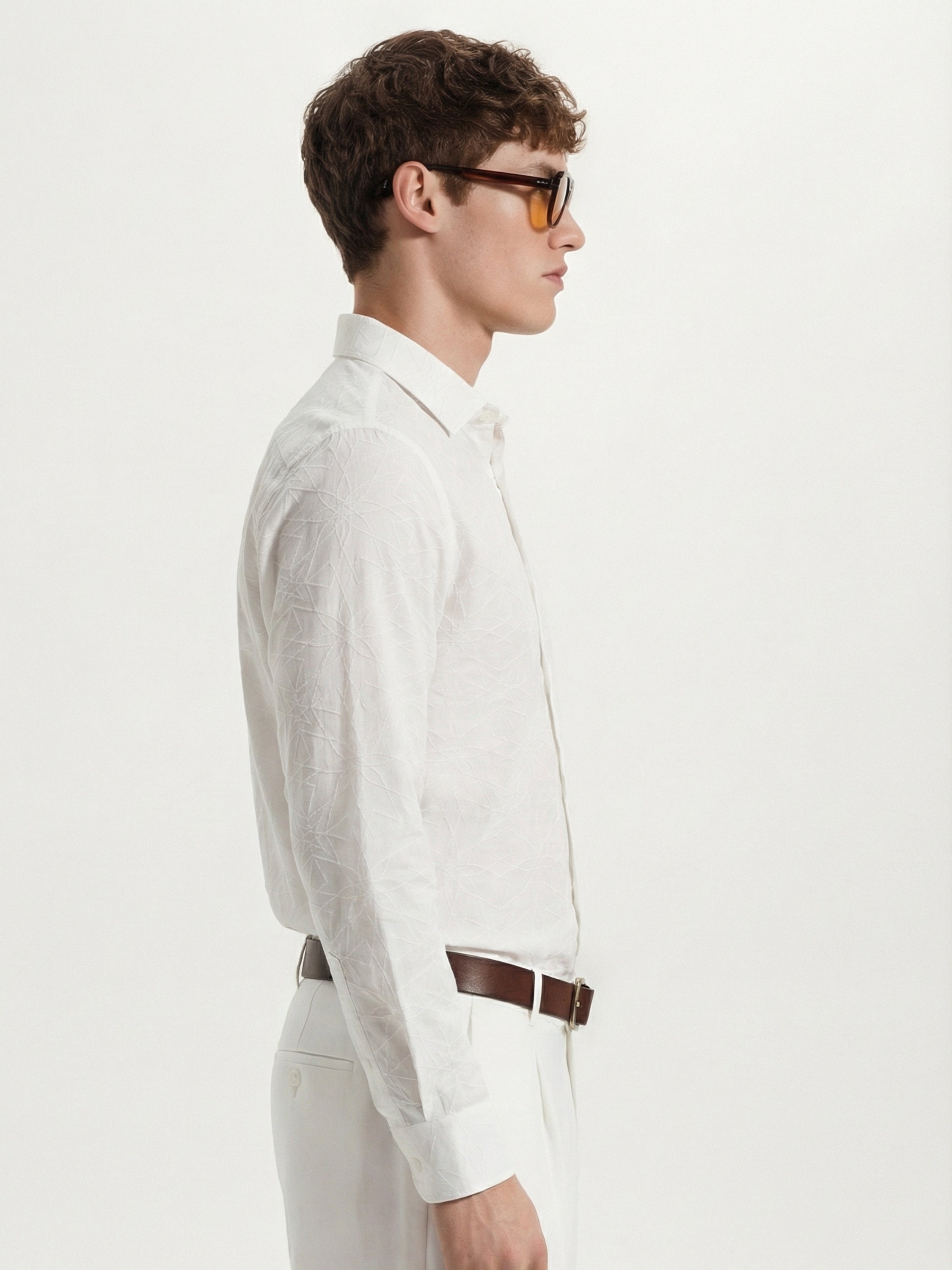 Highlander Men White Self Design Slim Fit Casual Shirt - White - Image 4