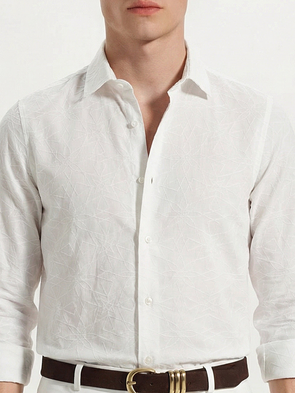 Highlander Men White Self Design Slim Fit Casual Shirt - White - Image 6