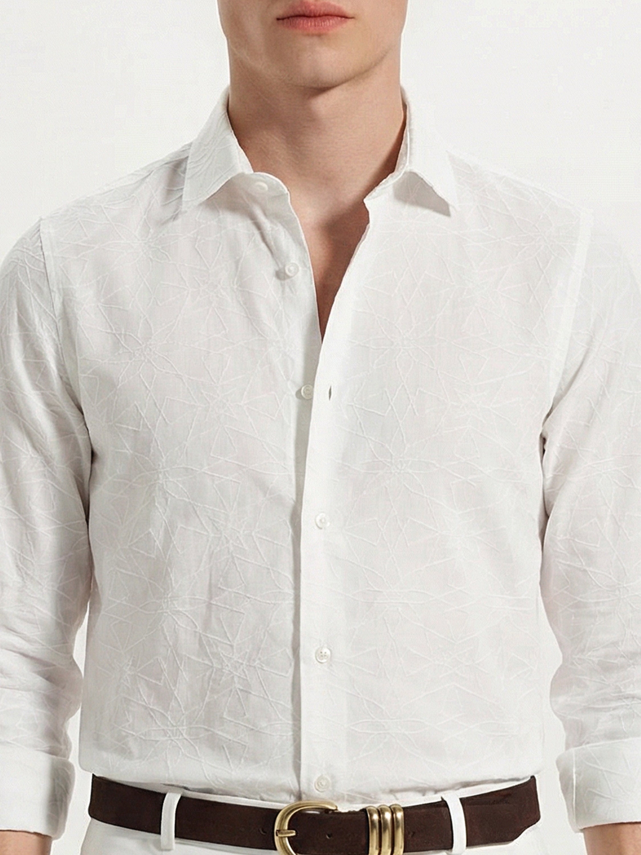 Highlander Men White Self Design Slim Fit Casual Shirt - White - Image 6