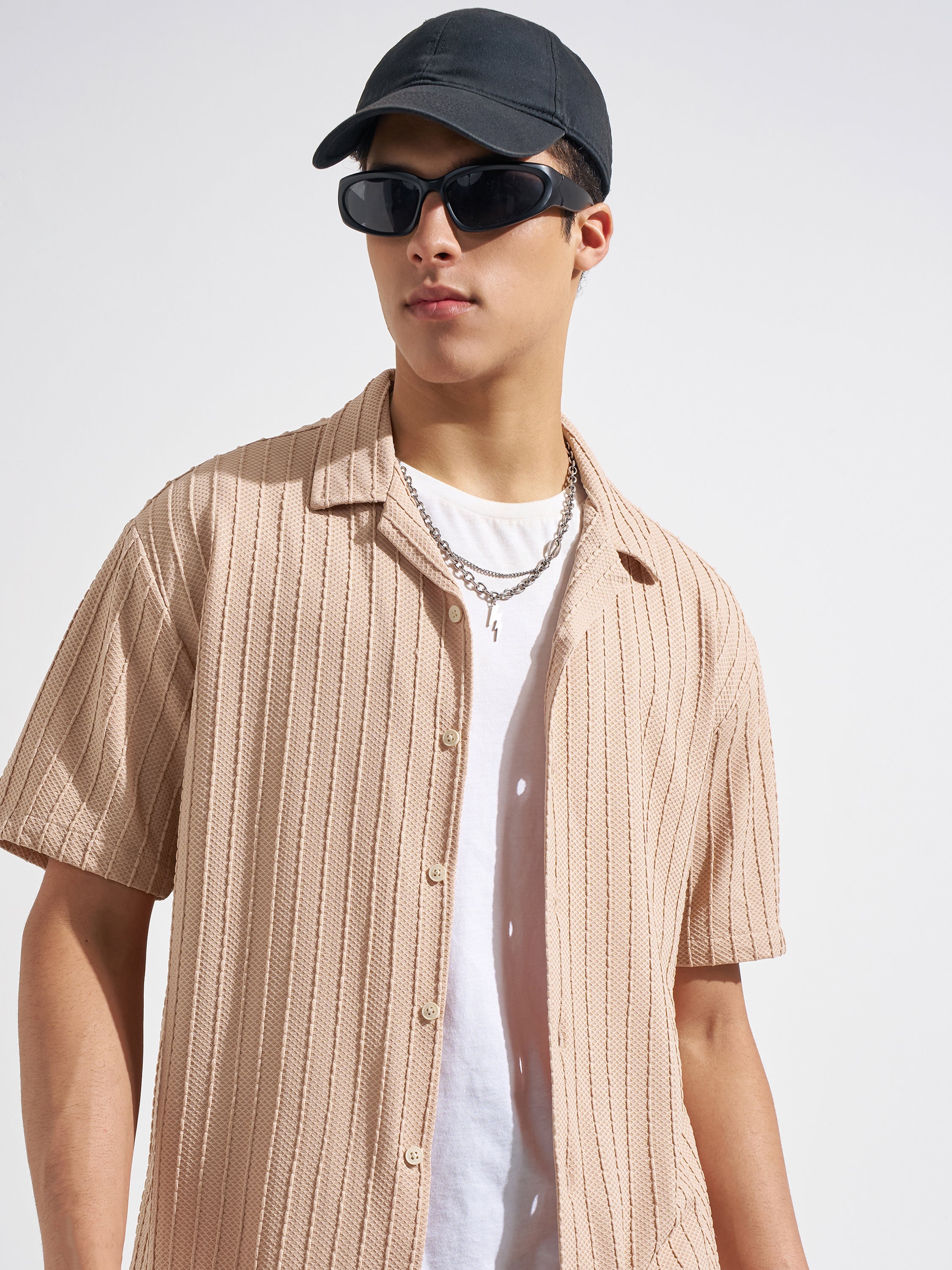 Highlander Men Peach Self Design Relaxed Fit Casual Shirt