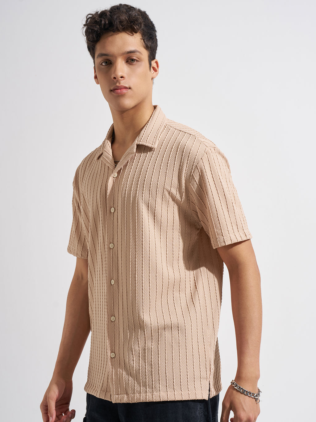 Highlander Men Peach Self Design Relaxed Fit Casual Shirt