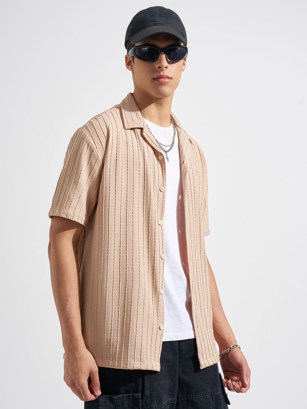 Highlander Men Peach Self Design Relaxed Fit Casual Shirt