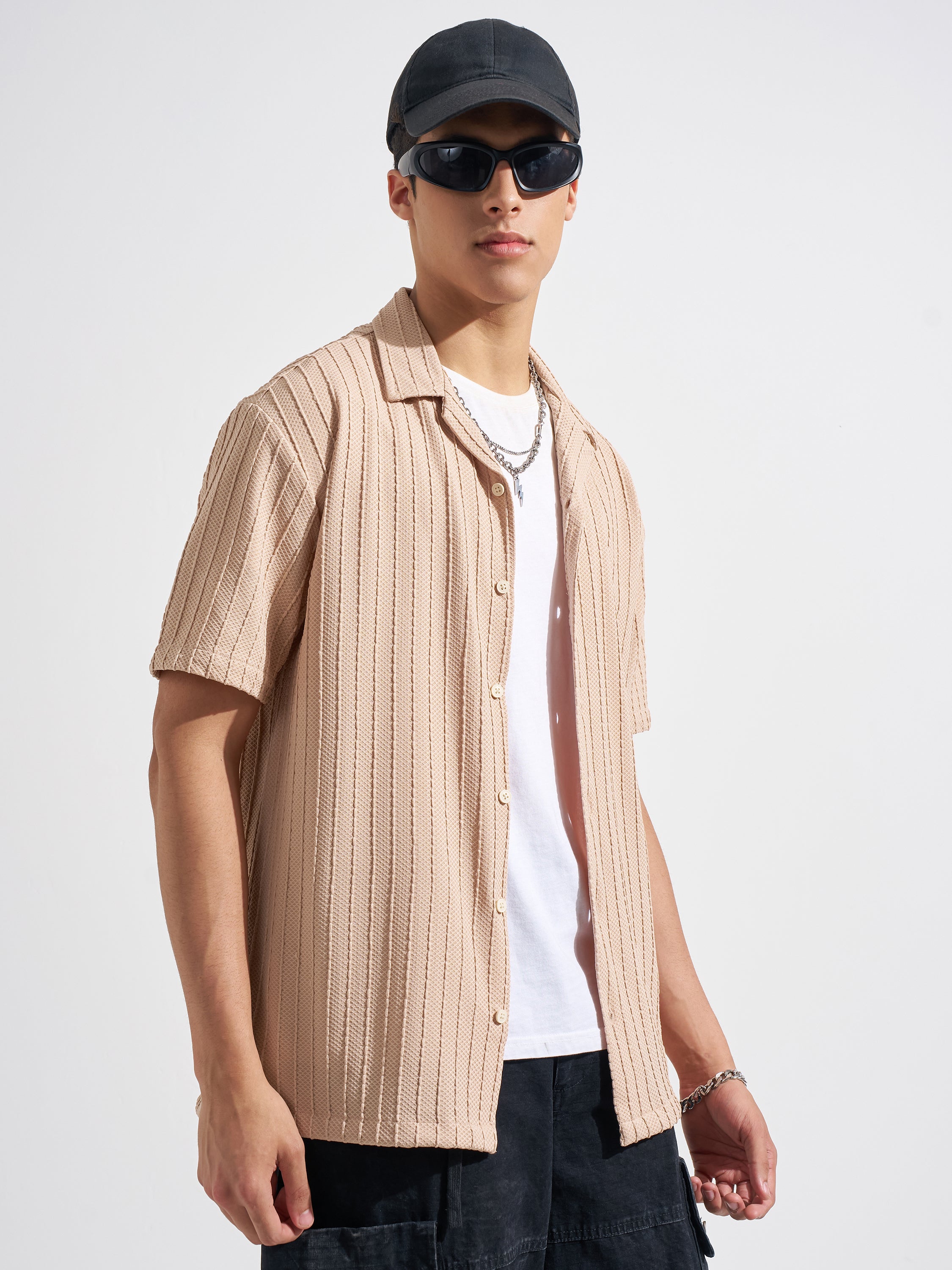Highlander Men Peach Self Design Relaxed Fit Casual Shirt