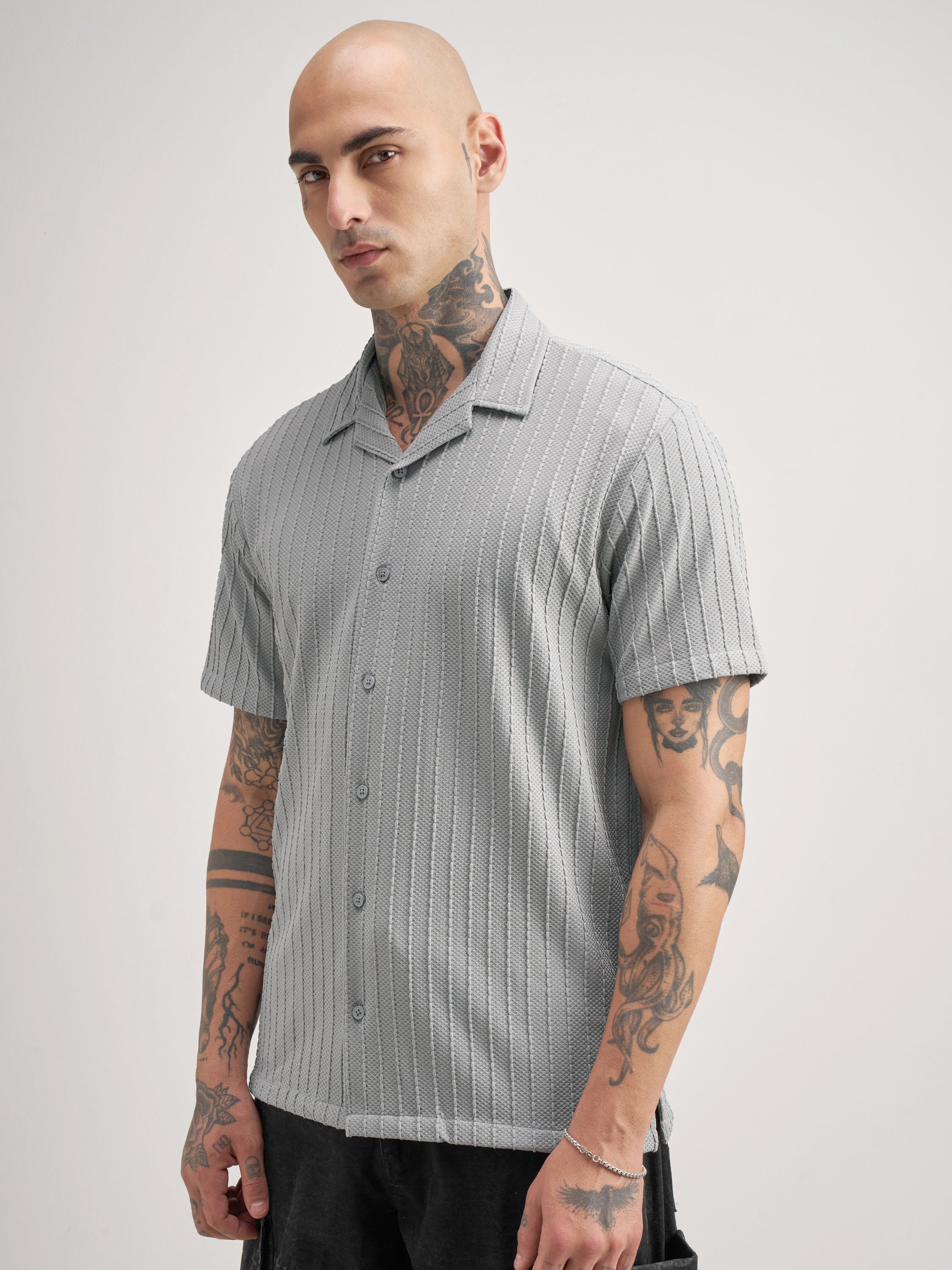 Highlander Men Grey Self Design Regular Fit Casual Shirt - Grey - Image 4