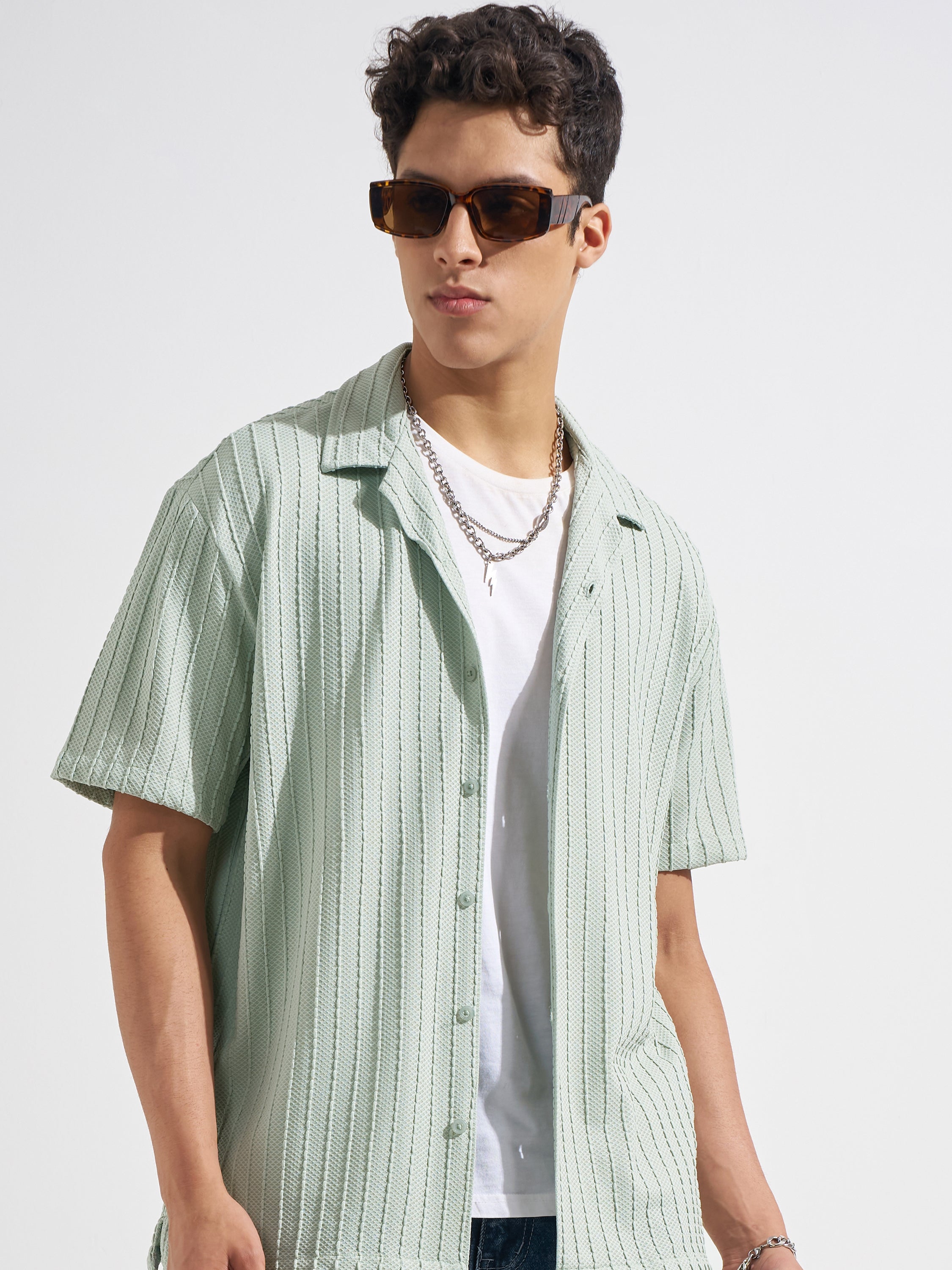 Highlander Men Green Self Design Relaxed Fit Casual Shirt