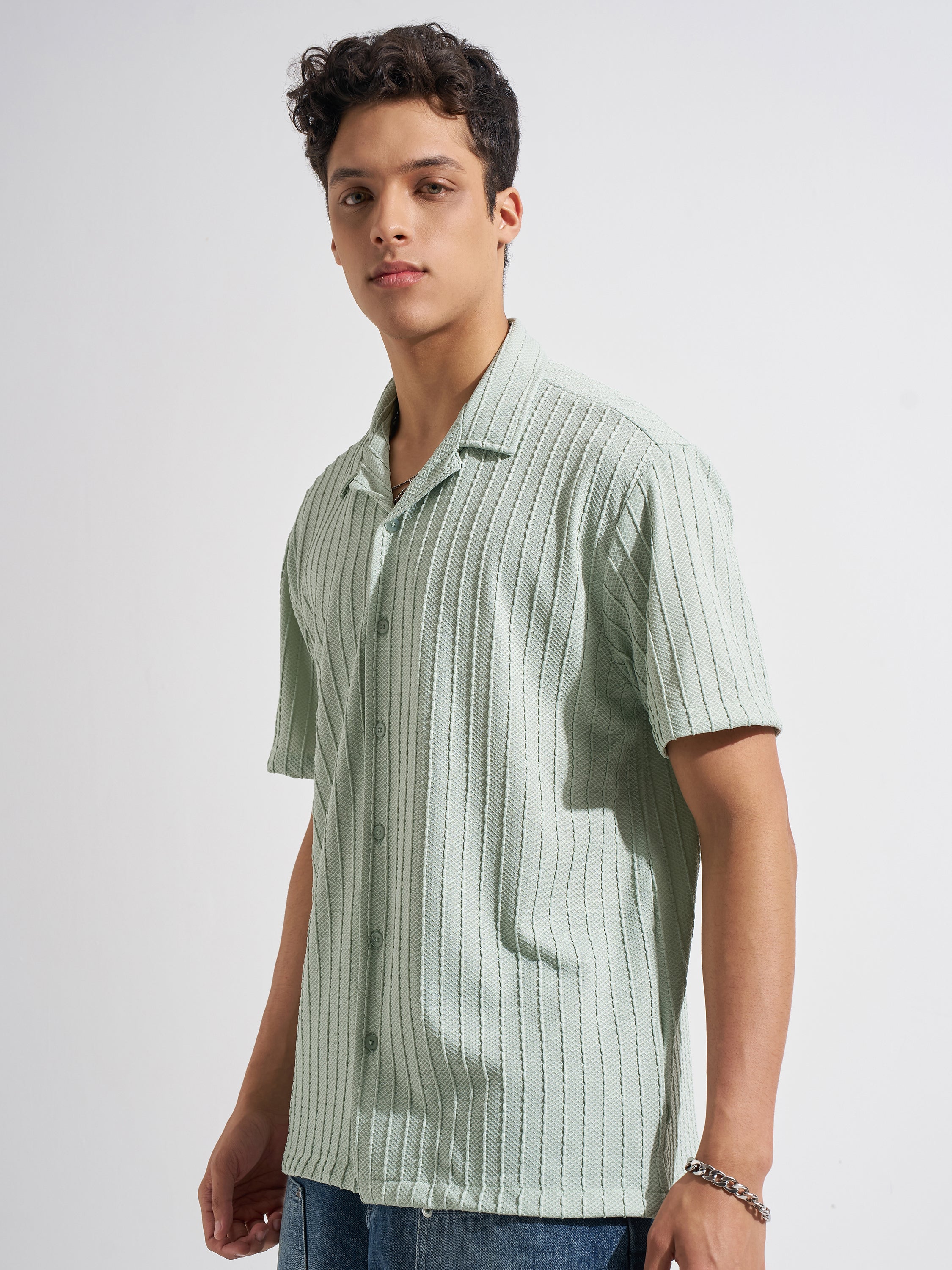 Highlander Men Green Self Design Relaxed Fit Casual Shirt