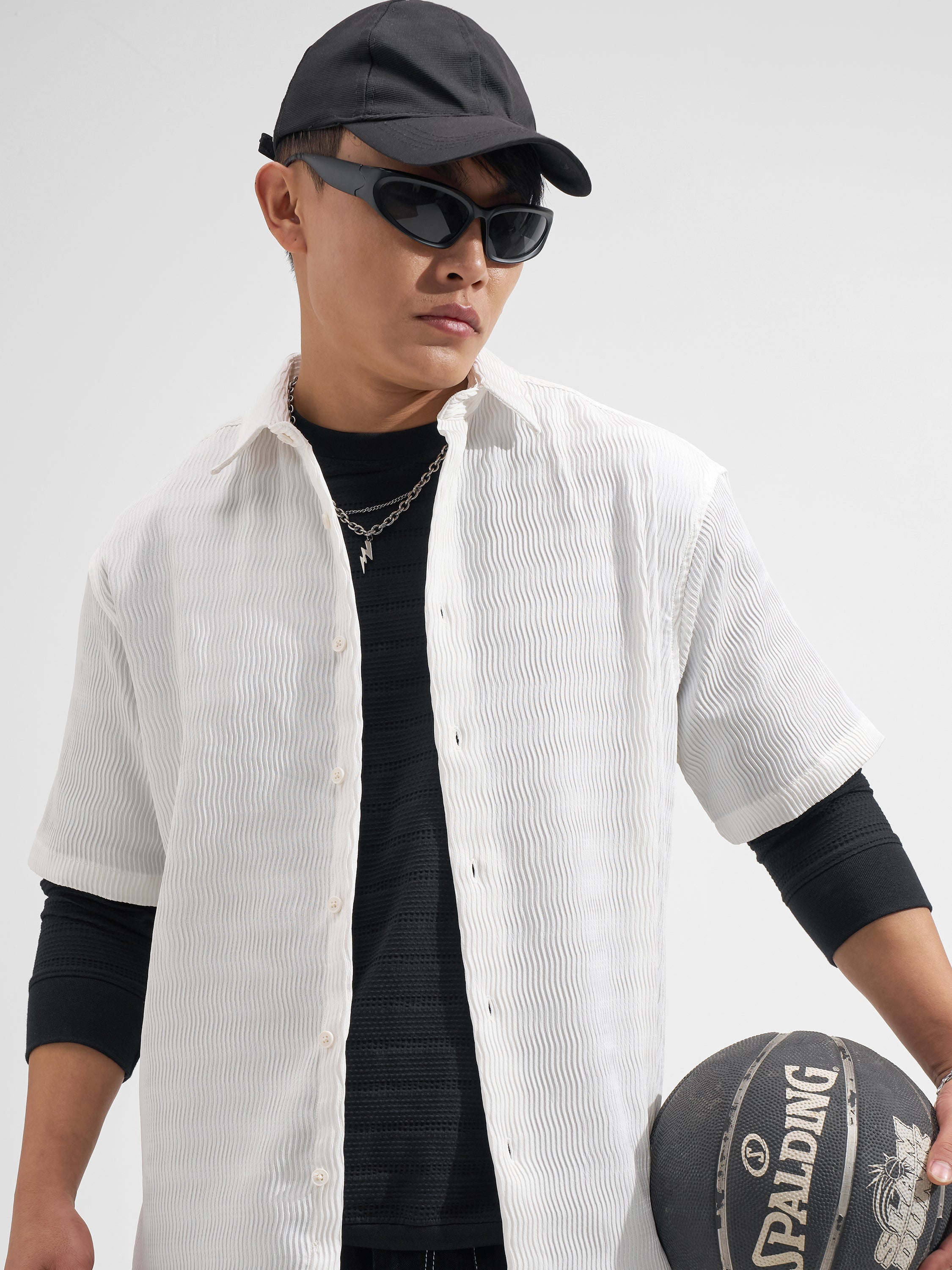 Highlander Men White Self Design Relaxed Fit Casual Shirt