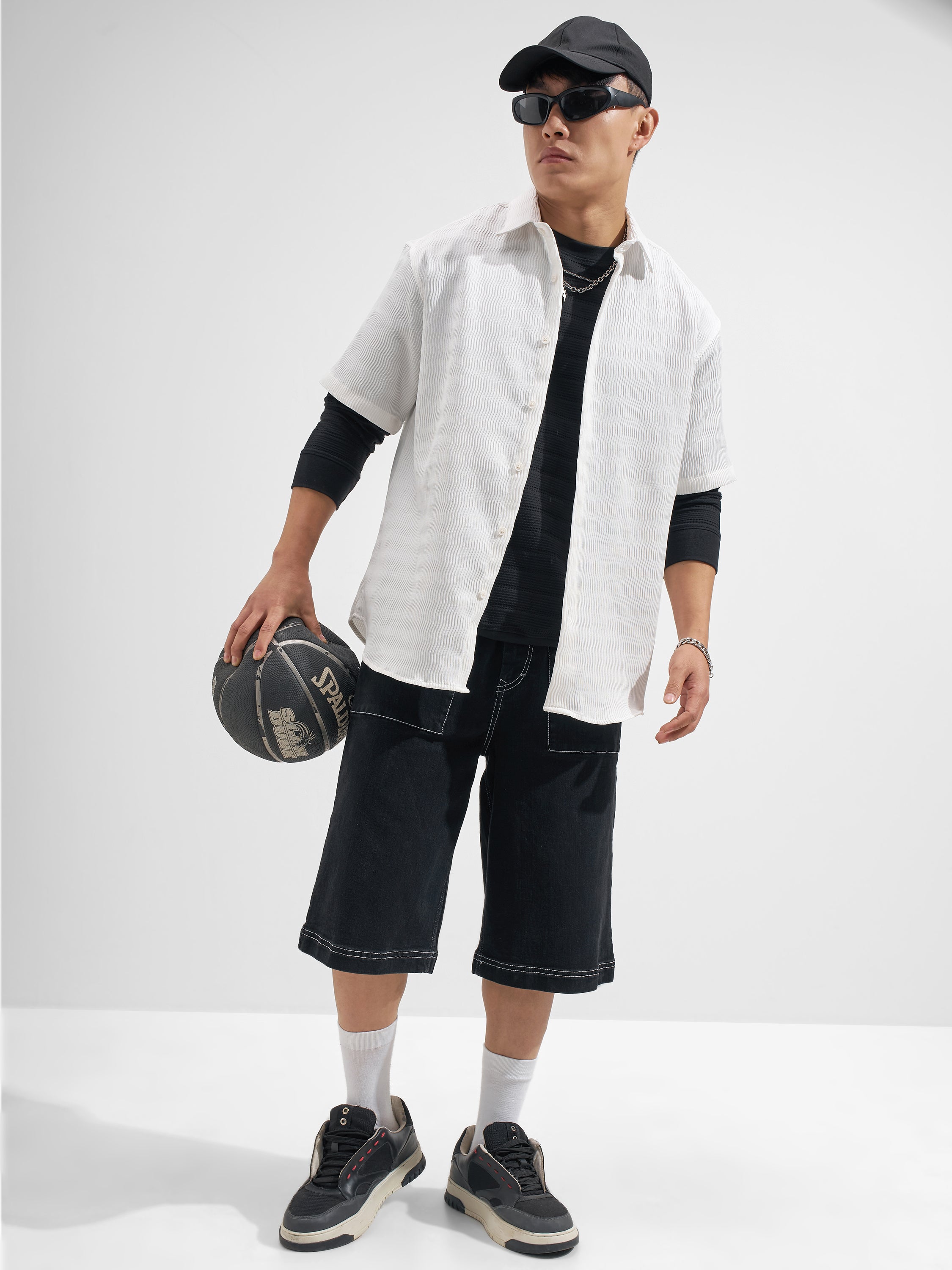 Highlander Men White Self Design Relaxed Fit Casual Shirt