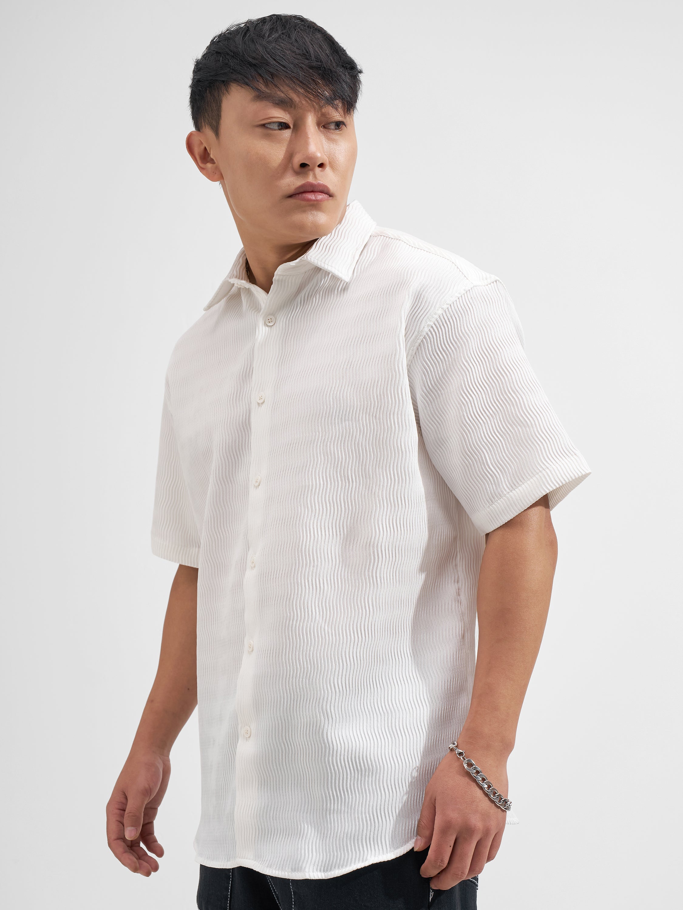 Highlander Men White Self Design Relaxed Fit Casual Shirt