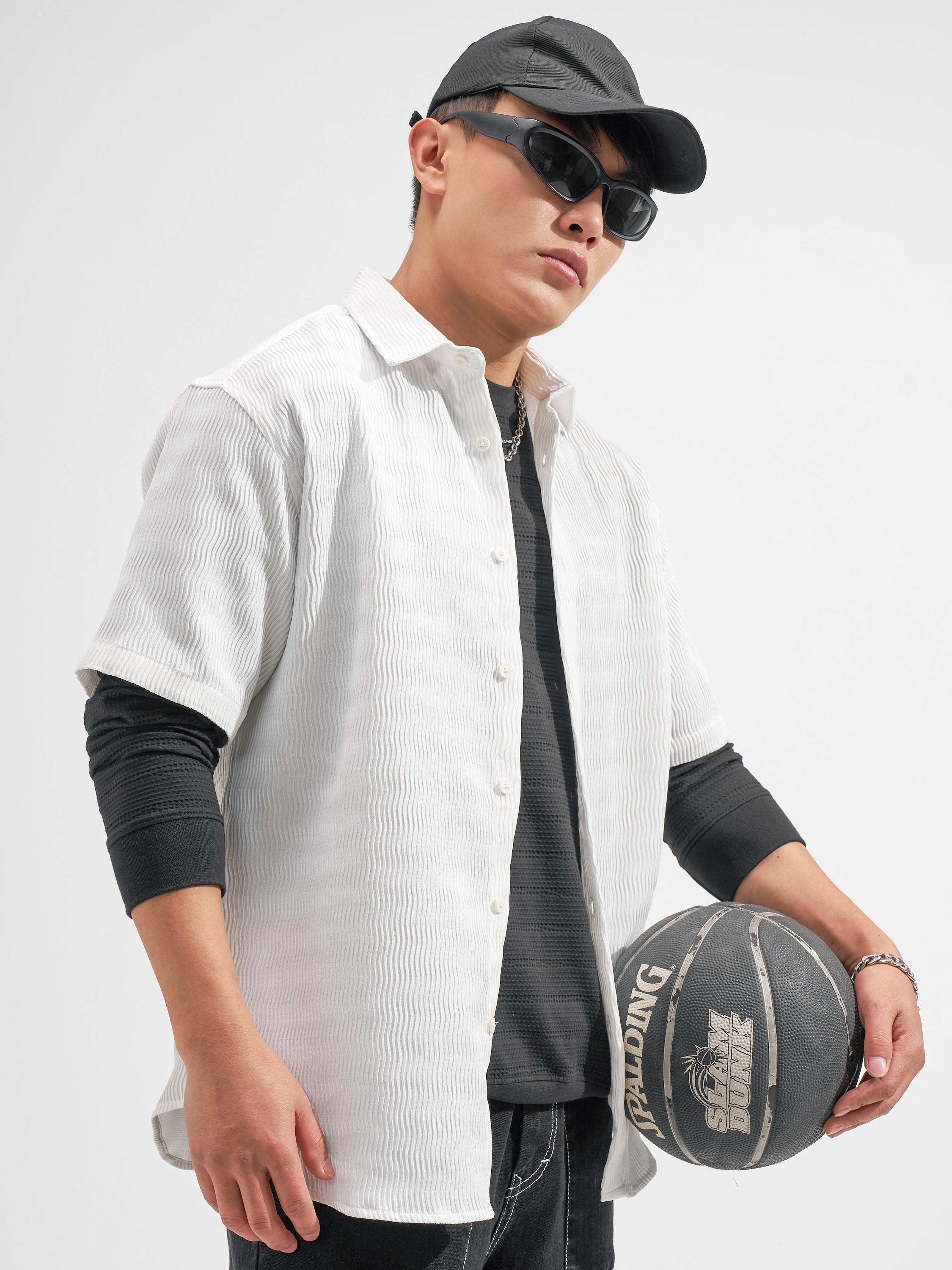 Highlander Men White Self Design Relaxed Fit Casual Shirt