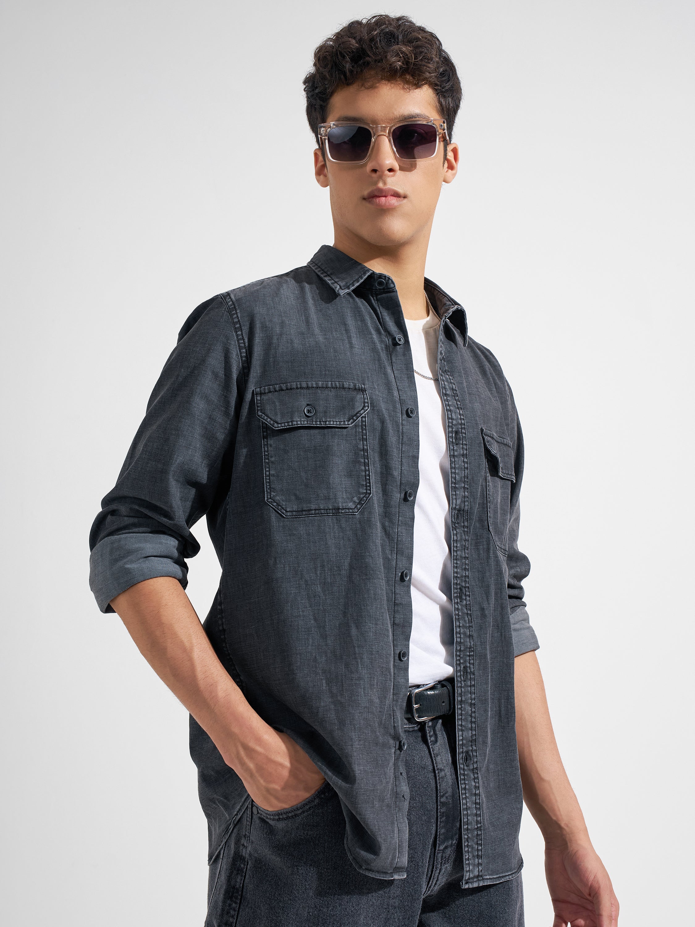 Highlander Men Black Solid Regular Fit Casual Shirt