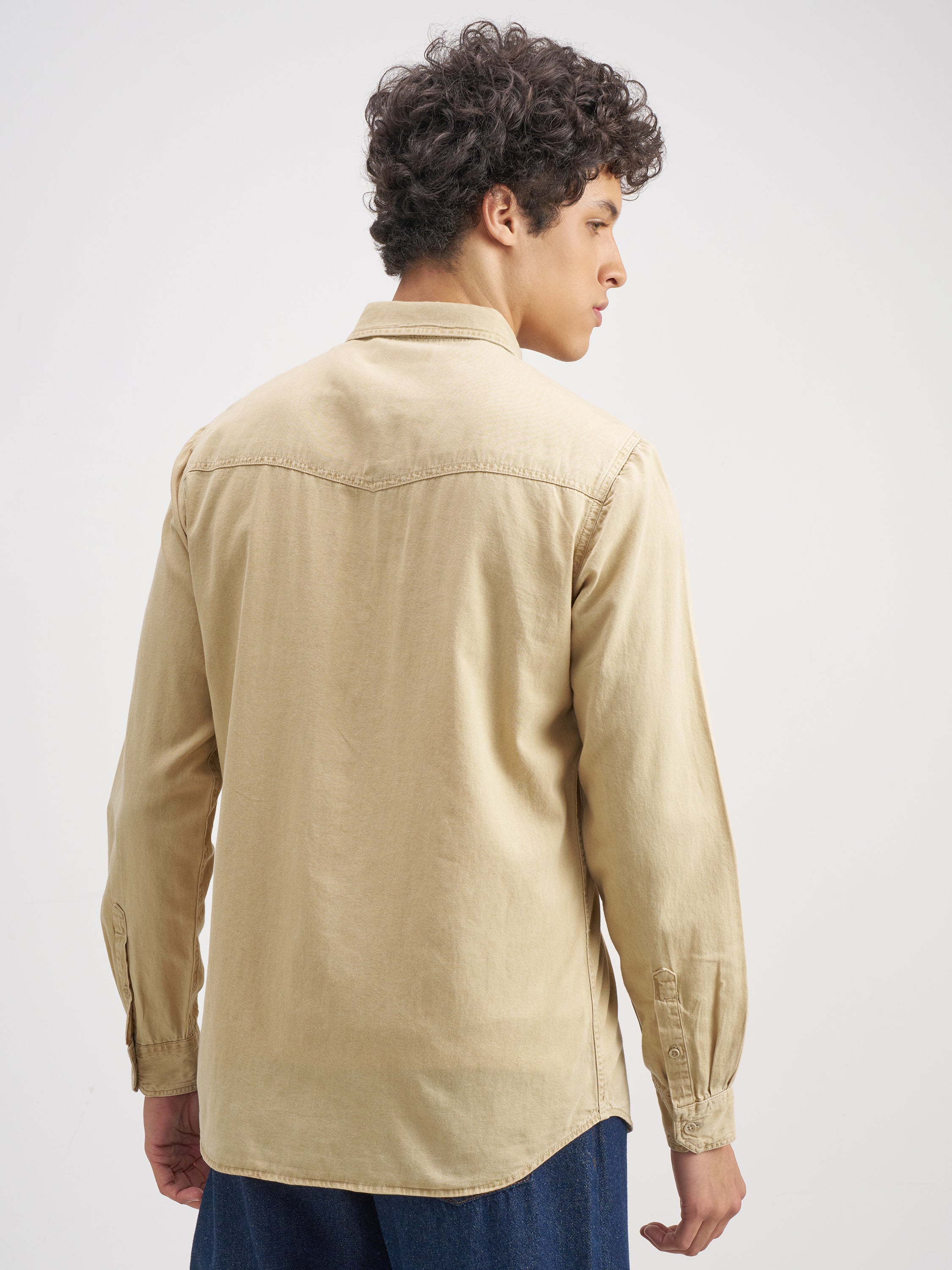 Highlander Men Beige Solid Slim Fit Casual Shirt - Beige - Image 3