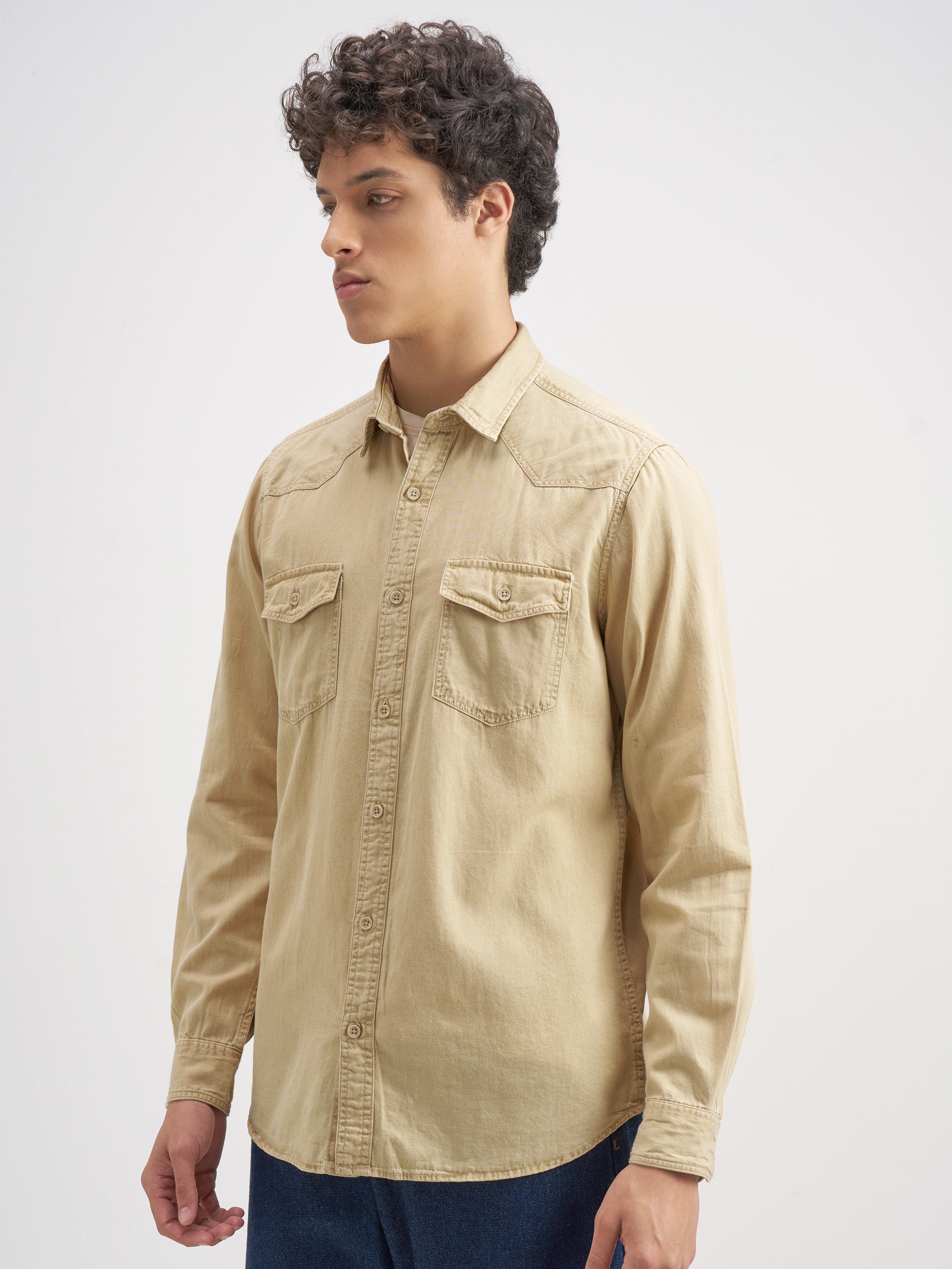 Highlander Men Beige Solid Slim Fit Casual Shirt - Beige - Image 4