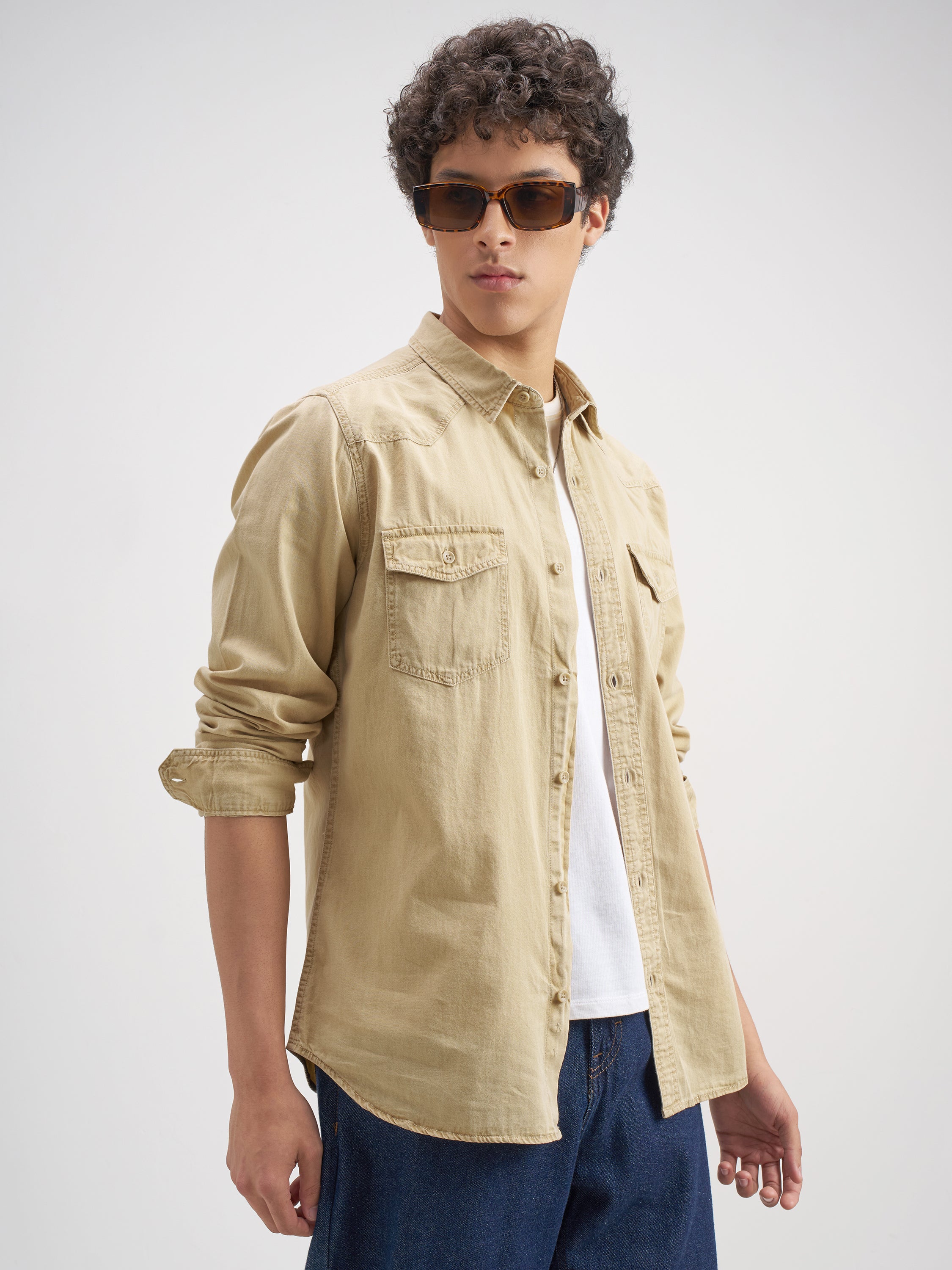 Highlander Men Beige Solid Slim Fit Casual Shirt - Beige - Image 6