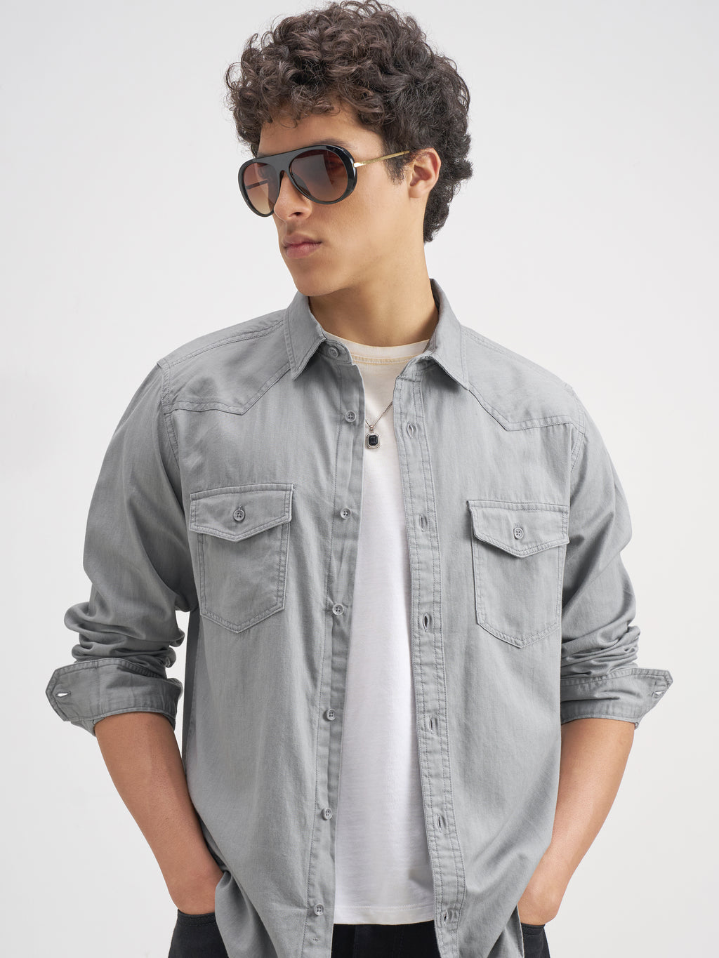 Highlander Men Grey Solid Slim Fit Casual Shirt - Grey - Image 1