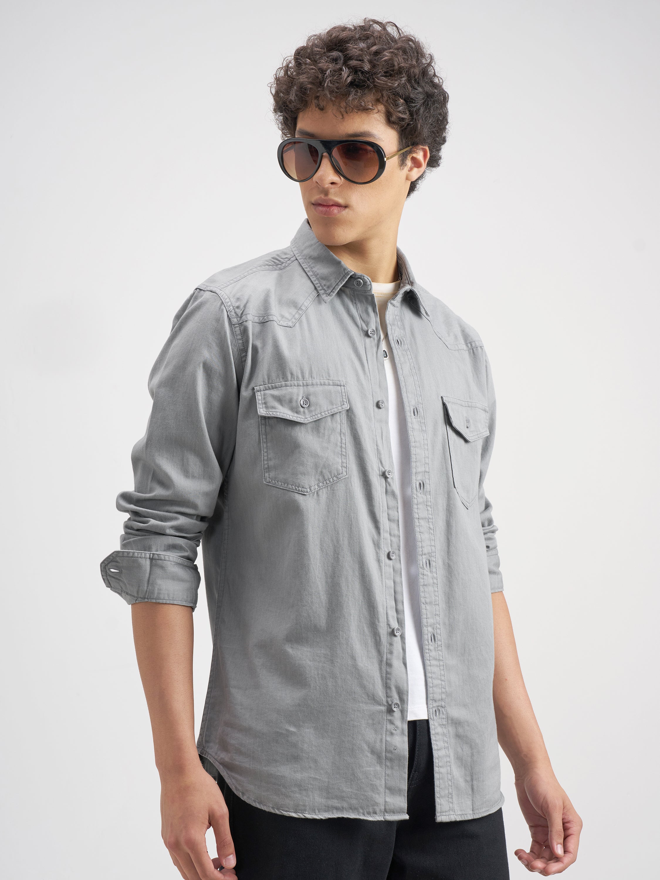 Highlander Men Grey Solid Slim Fit Casual Shirt - Grey - Image 6