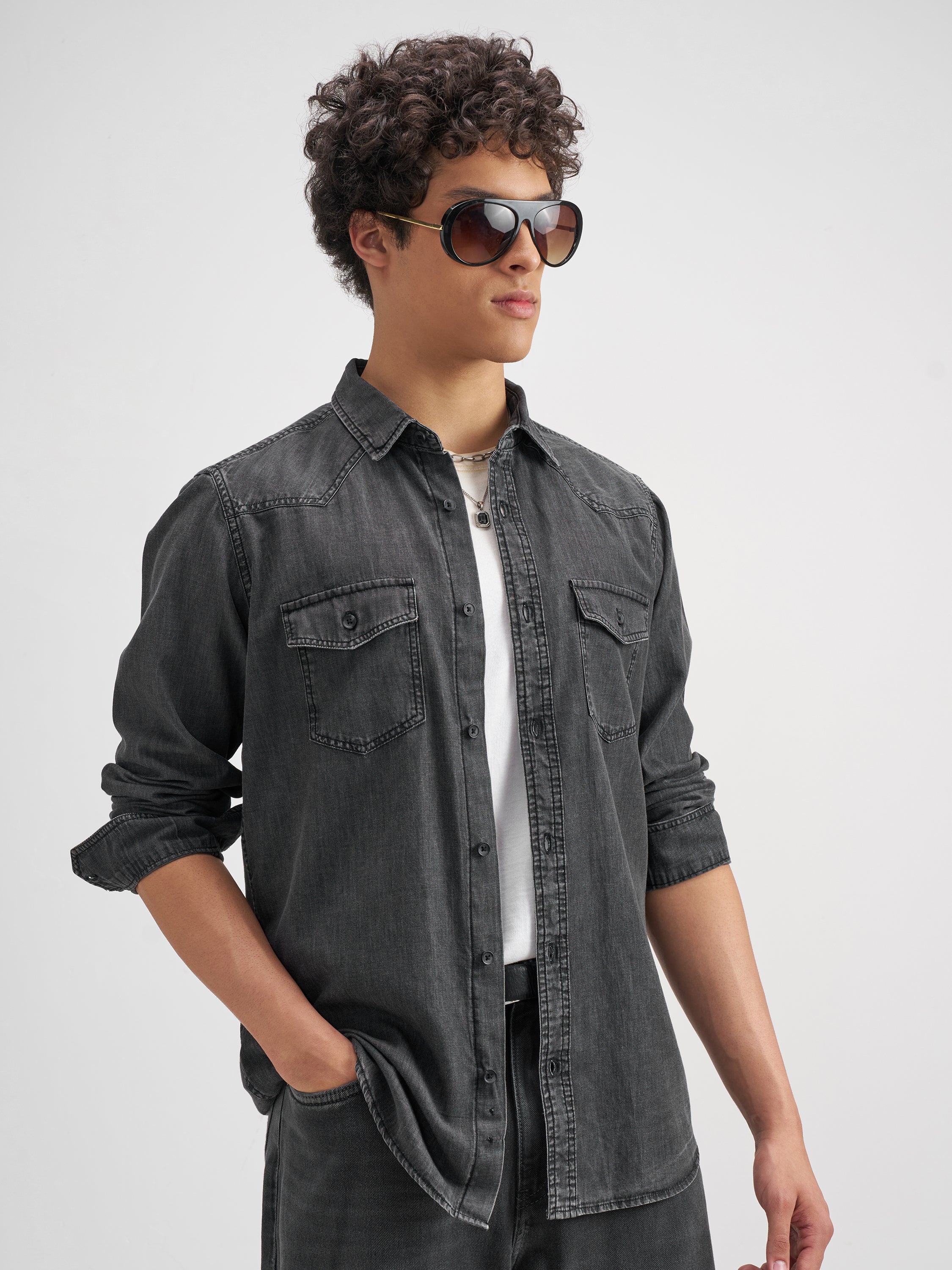Highlander Men Black Solid Slim Fit Casual Shirt - Black - Image 6