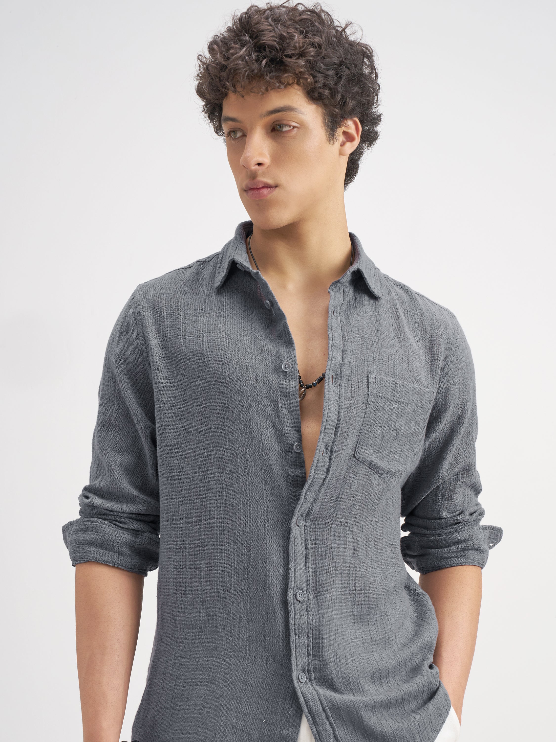 Highlander Men Grey Self Design Relaxed Fit Casual Shirt - Grey - Image 1